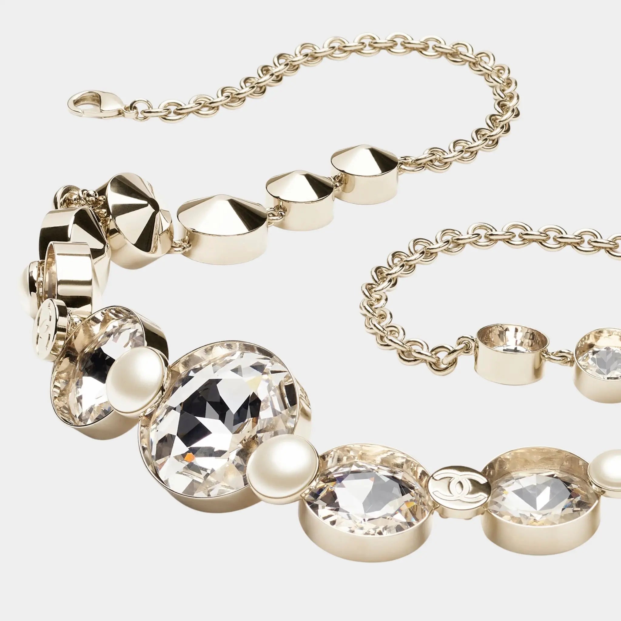 Chain belt Metal Resin &amp; Rhinestones Gold Pearly White &amp; Crystal
