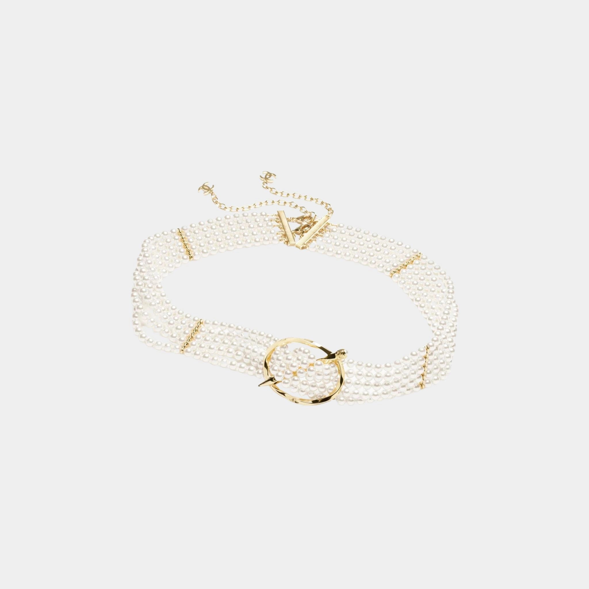 Chanel Chain Belt Metal Resin &amp; Rhinestones Gold Pearly White &amp; Crystal, Front