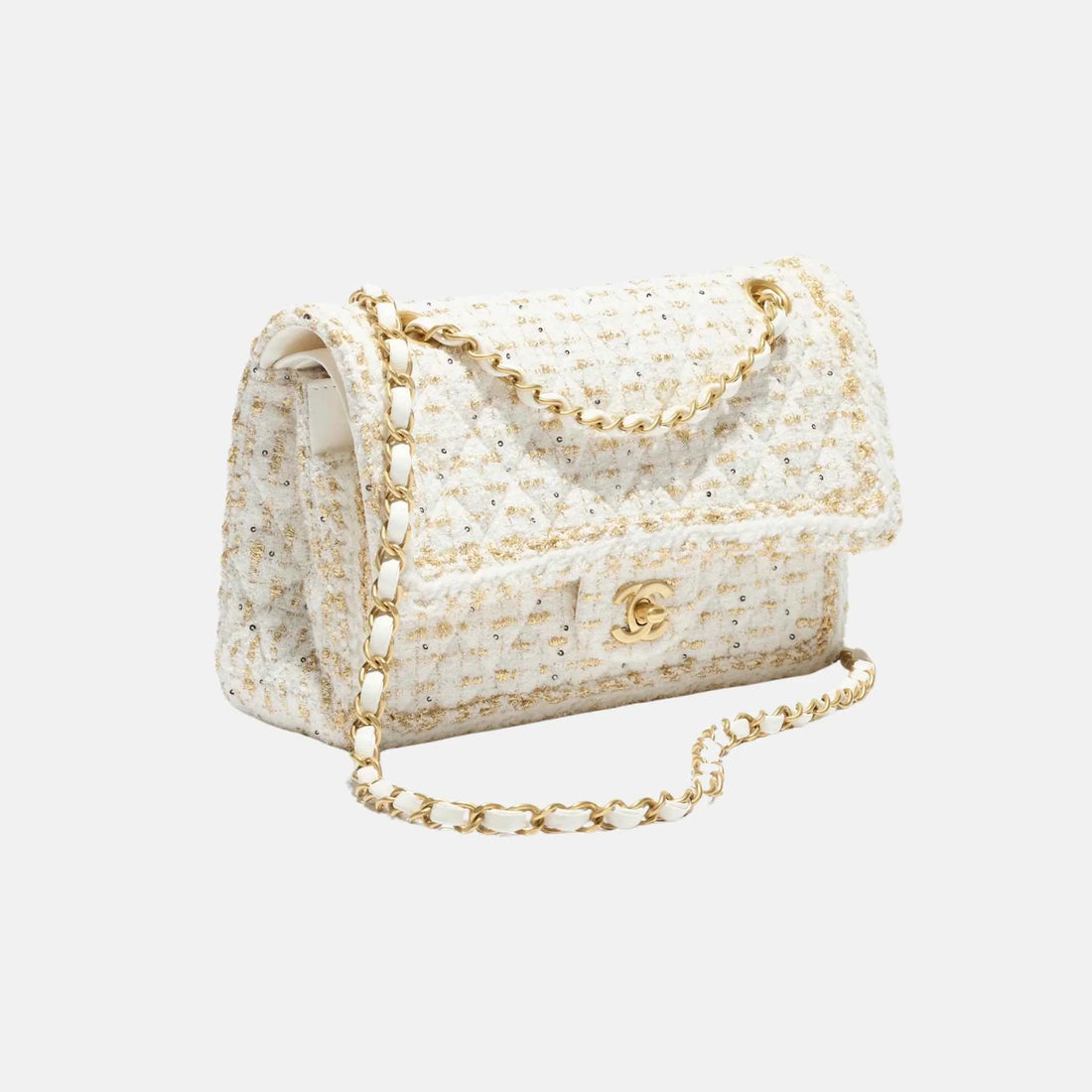 Chanel Classic 11.12 Bag Tweed &amp; Gold Metal in Ecru &amp; Gold, Front