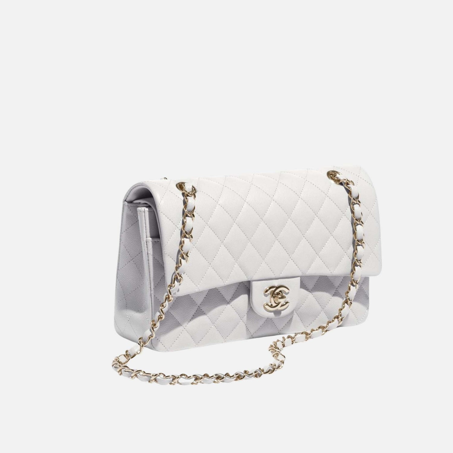Chanel Classic 11.12 Handbag In Grained Shiny Calfskin And Gold Tone, Light Grey, Side