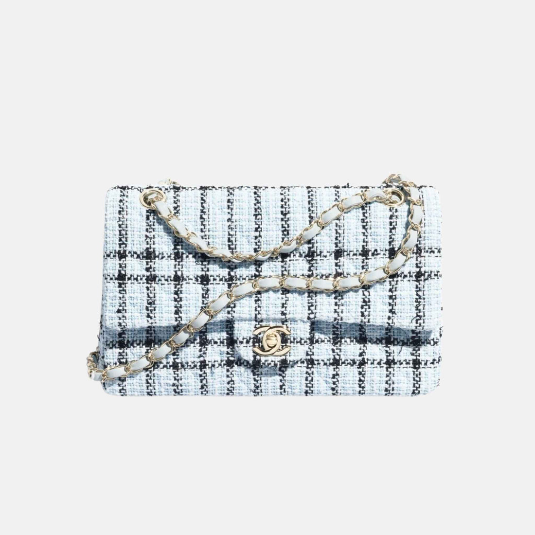Chanel Classic 11.12 Handbag In Tweed And Gold Metal, Light Blue and Black, Front