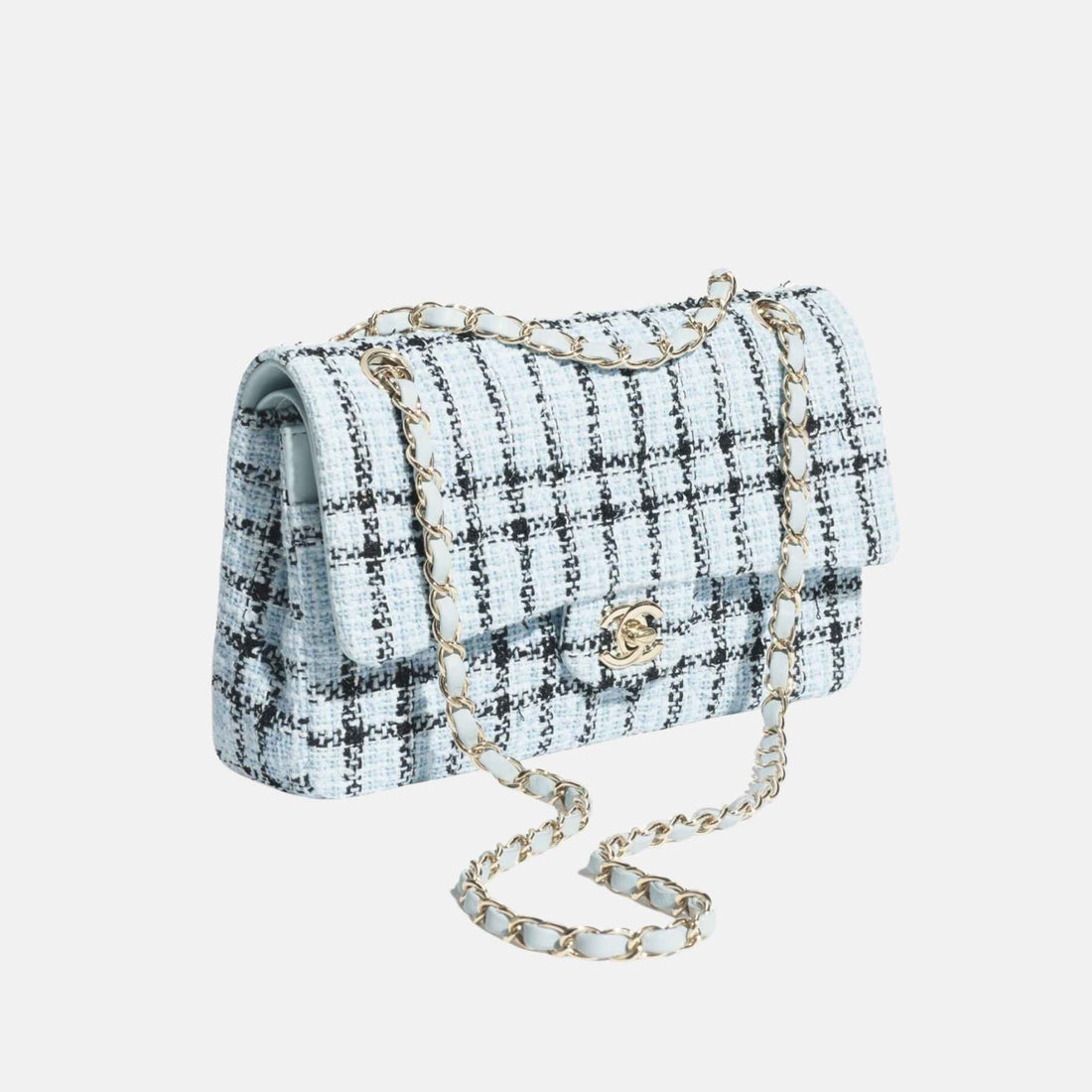 Chanel Classic 11.12 Handbag In Tweed And Gold Metal, Light Blue and Black, Side