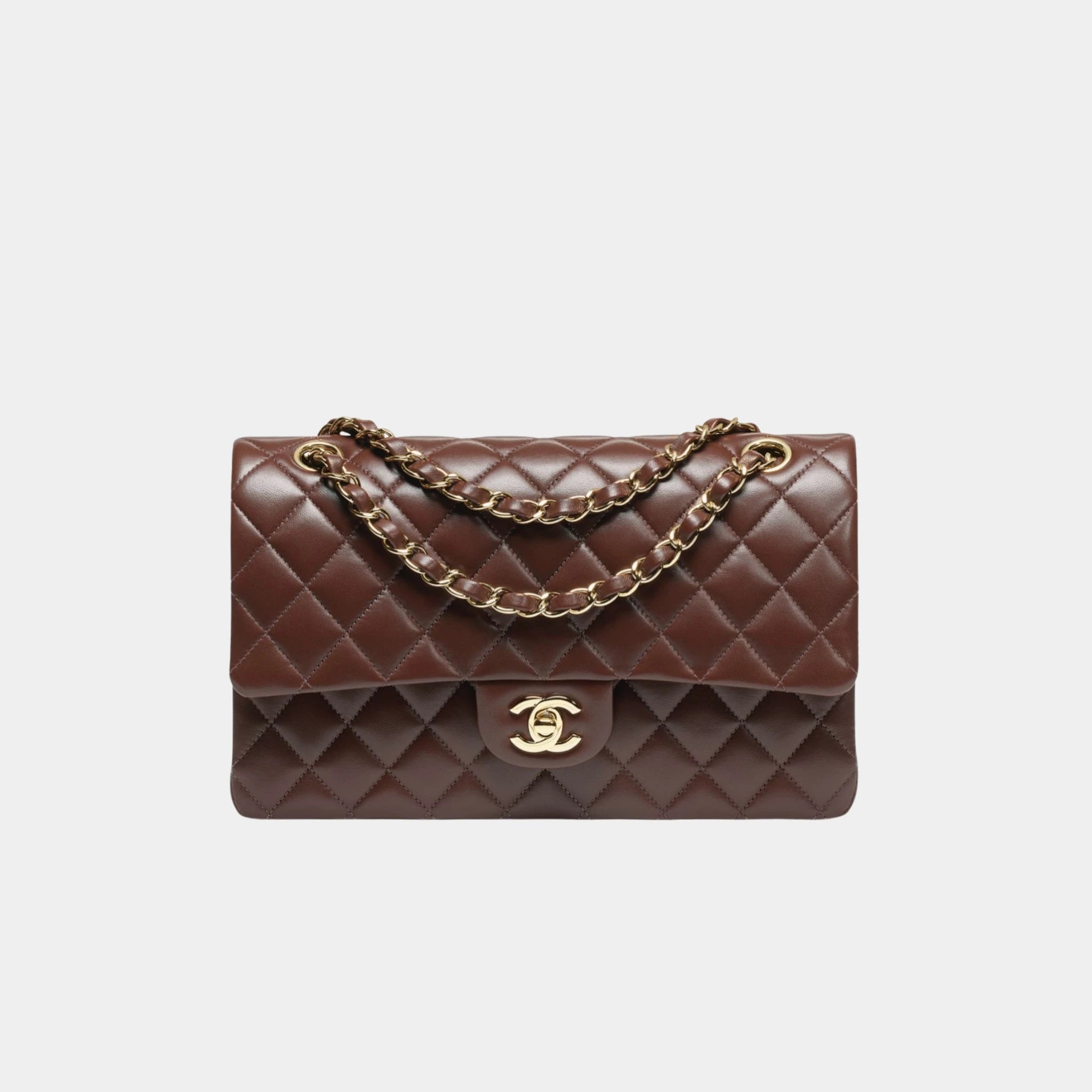 Chanel Classic 11.12 Lambskin Handbag, Dark Brown, Front 
