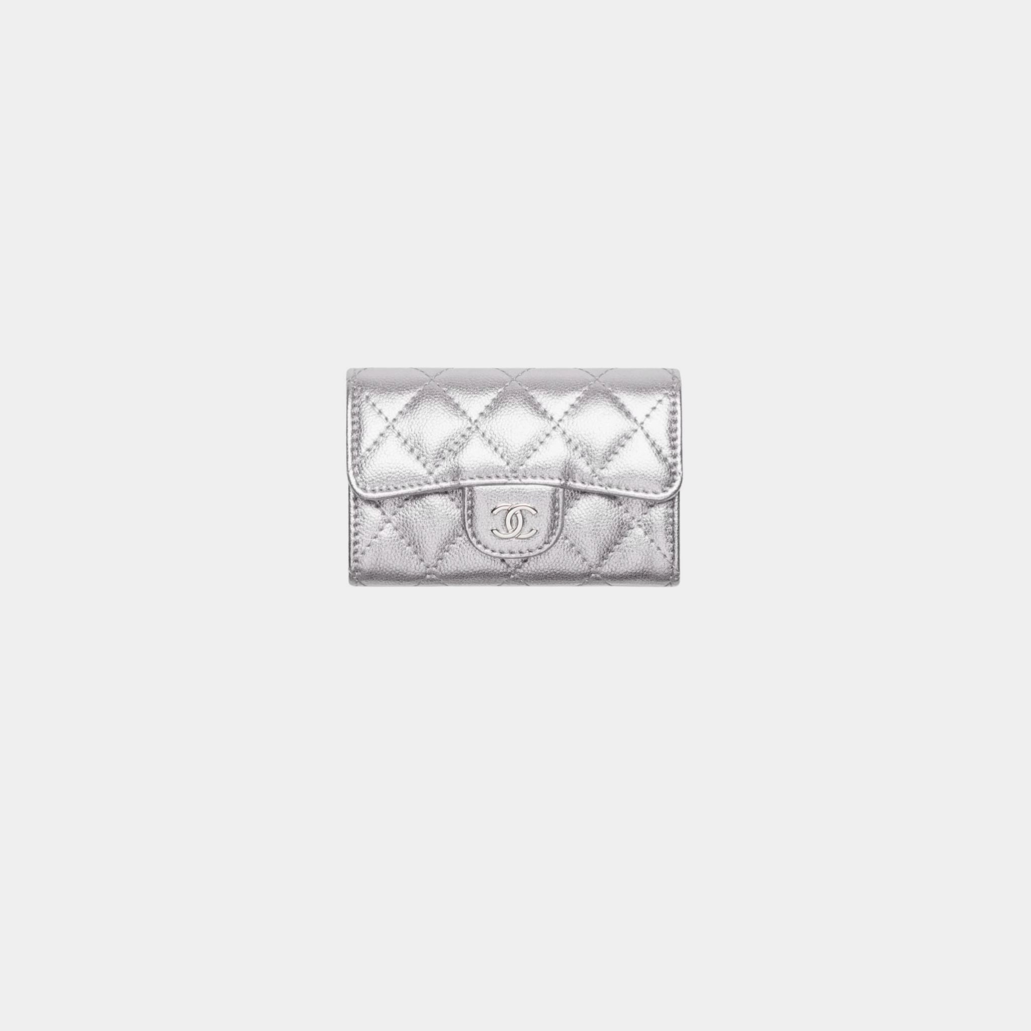Chanel Classic Card Holder Metallic Grained Calfskin, Silvery