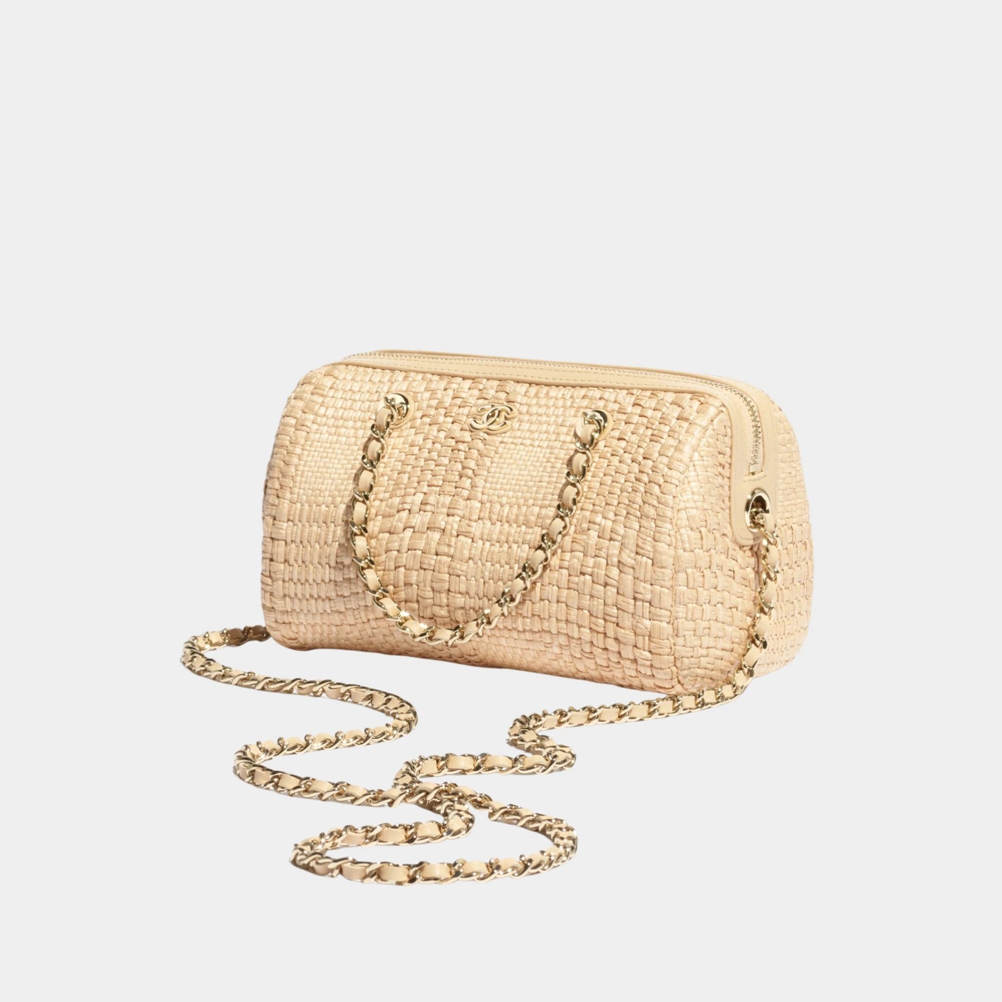 Chanel Classic Clutch With Chain Braided Raffia &amp; Gold Tone Metal, beige 