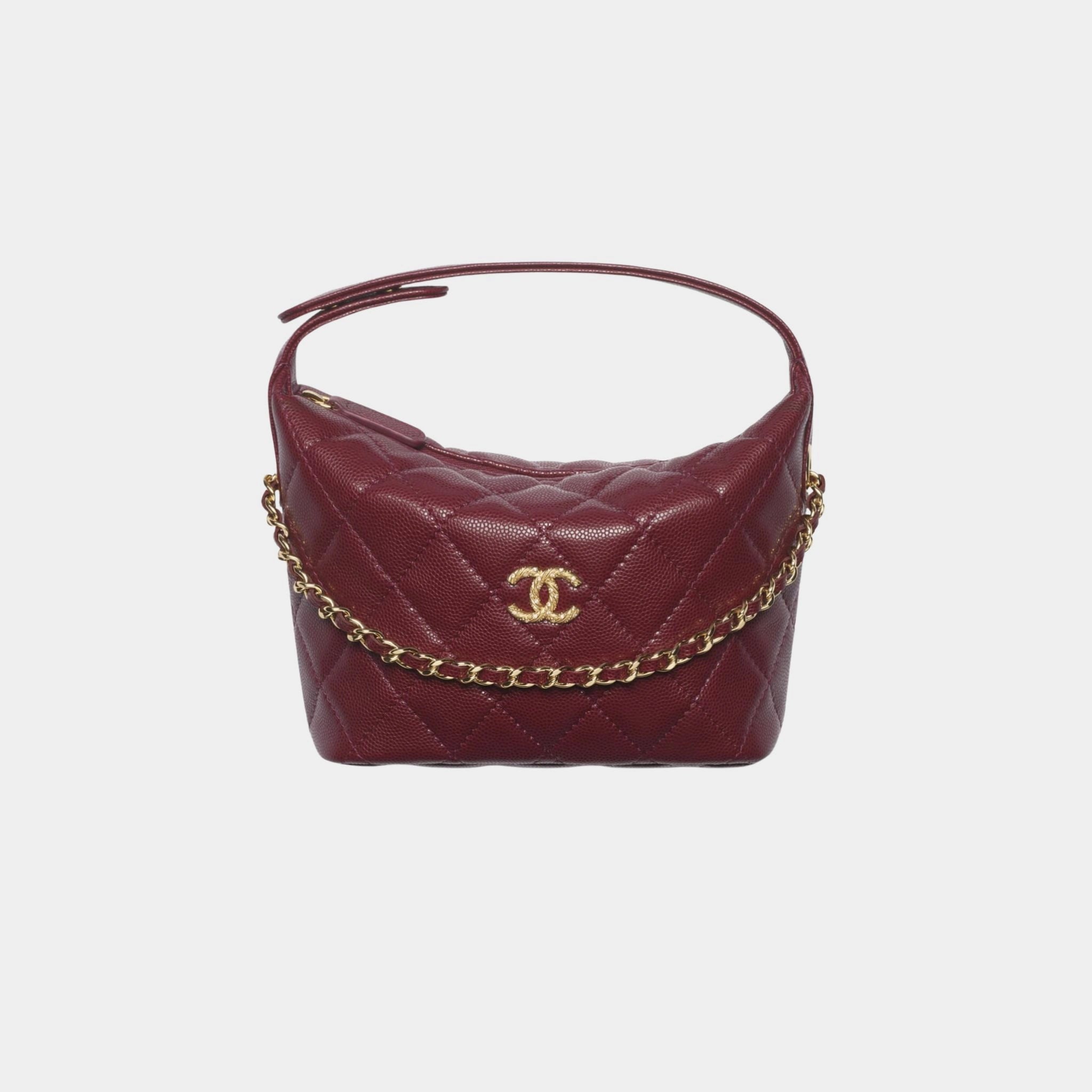 Classic Clutch With Chain Shiny Grained Calfskin Strass &amp; Gold Tone Metal