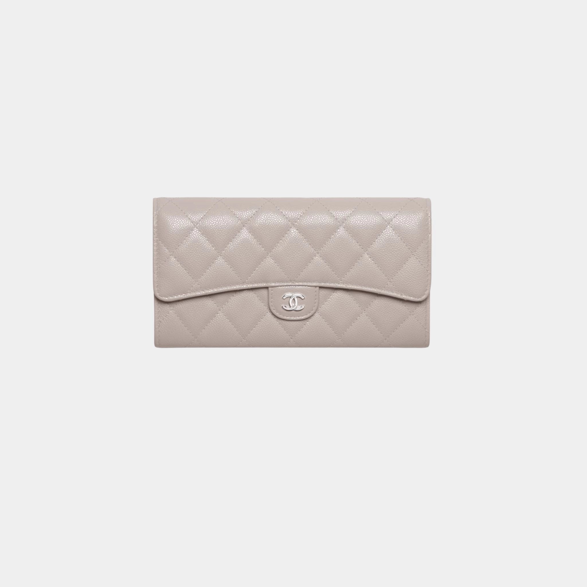 Chanel Classic Long Flap Wallet Grained Shiny Calfskin &amp; Metal, ark Grey , Front 