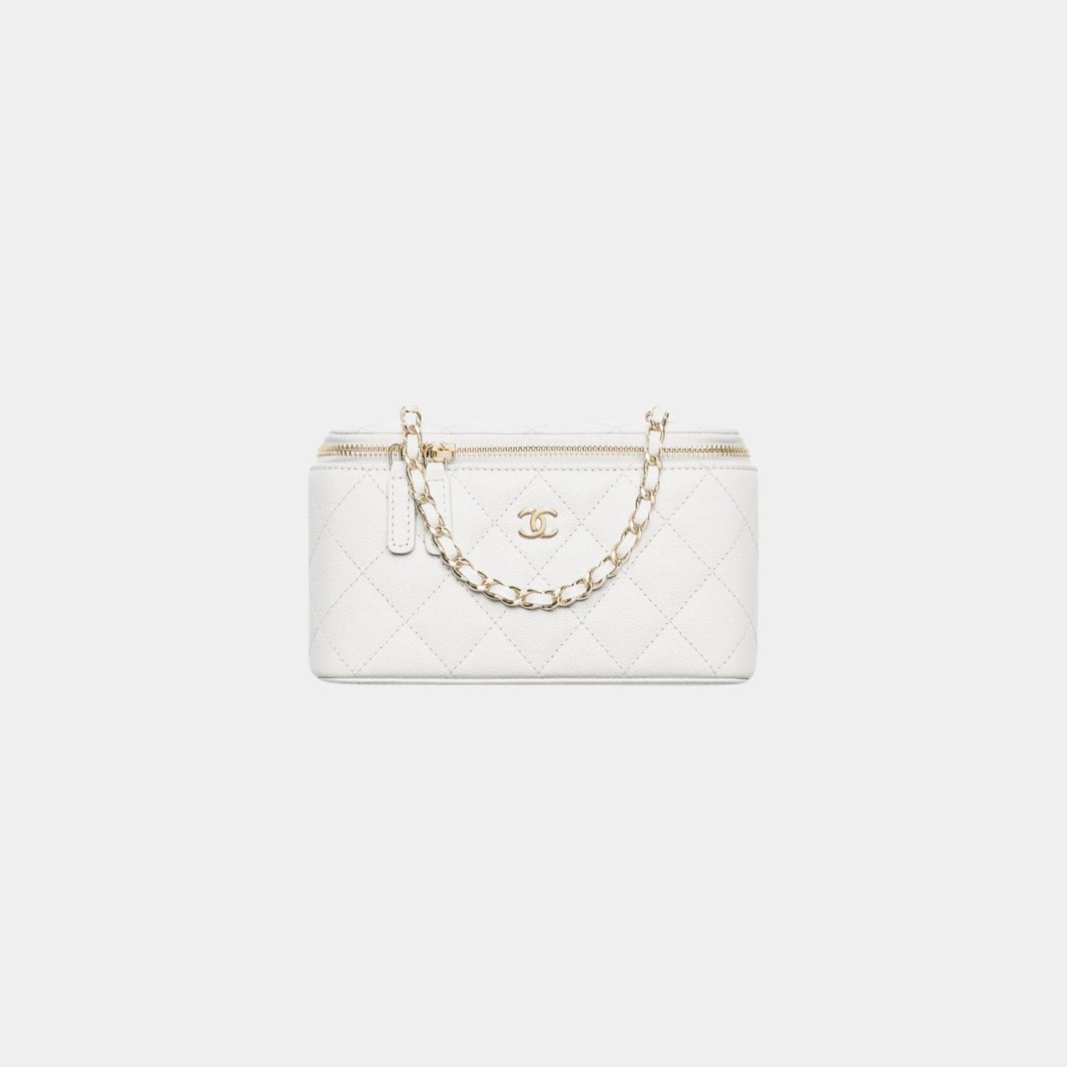 Chanel Classic Long Vanity with Chain in Grained Shiny Calfskin, White