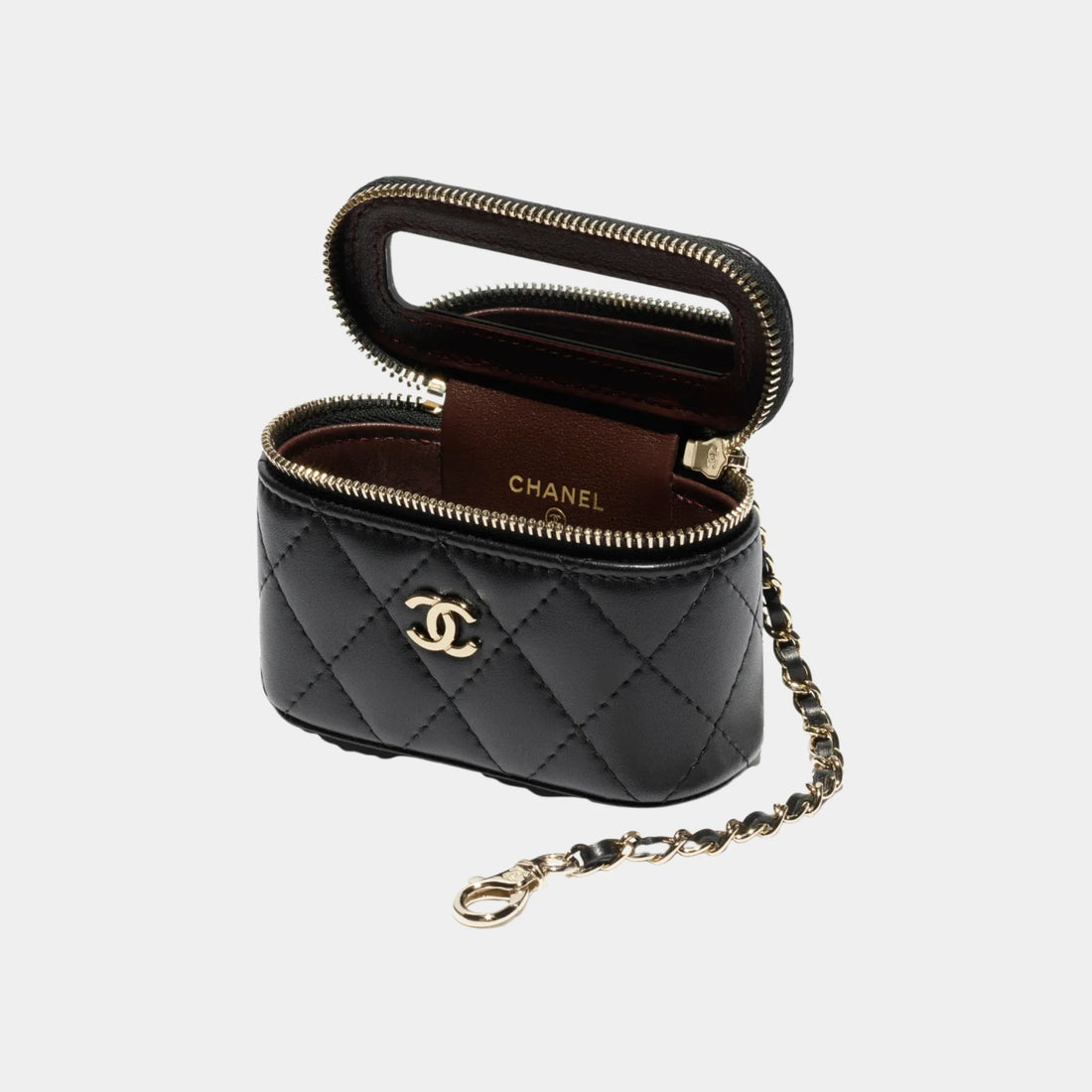 تعليقة حقيبة Chanel كلاسيكية صغيرة من جلد الحمل الأسود، من الداخل
