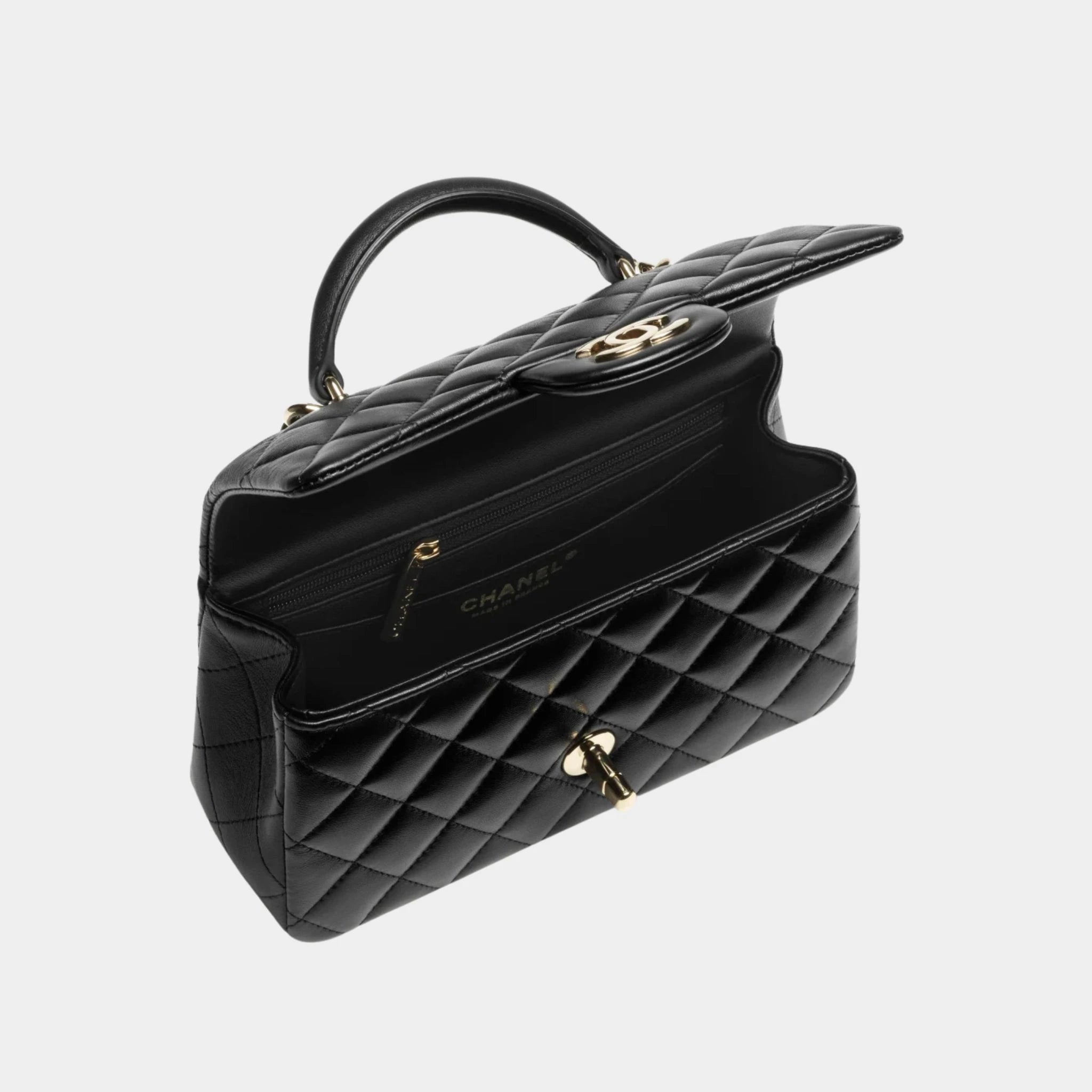 chanel Classic Mini Bag With Handle Lambskin Rhinestones &amp; Gold Metal Black, Front