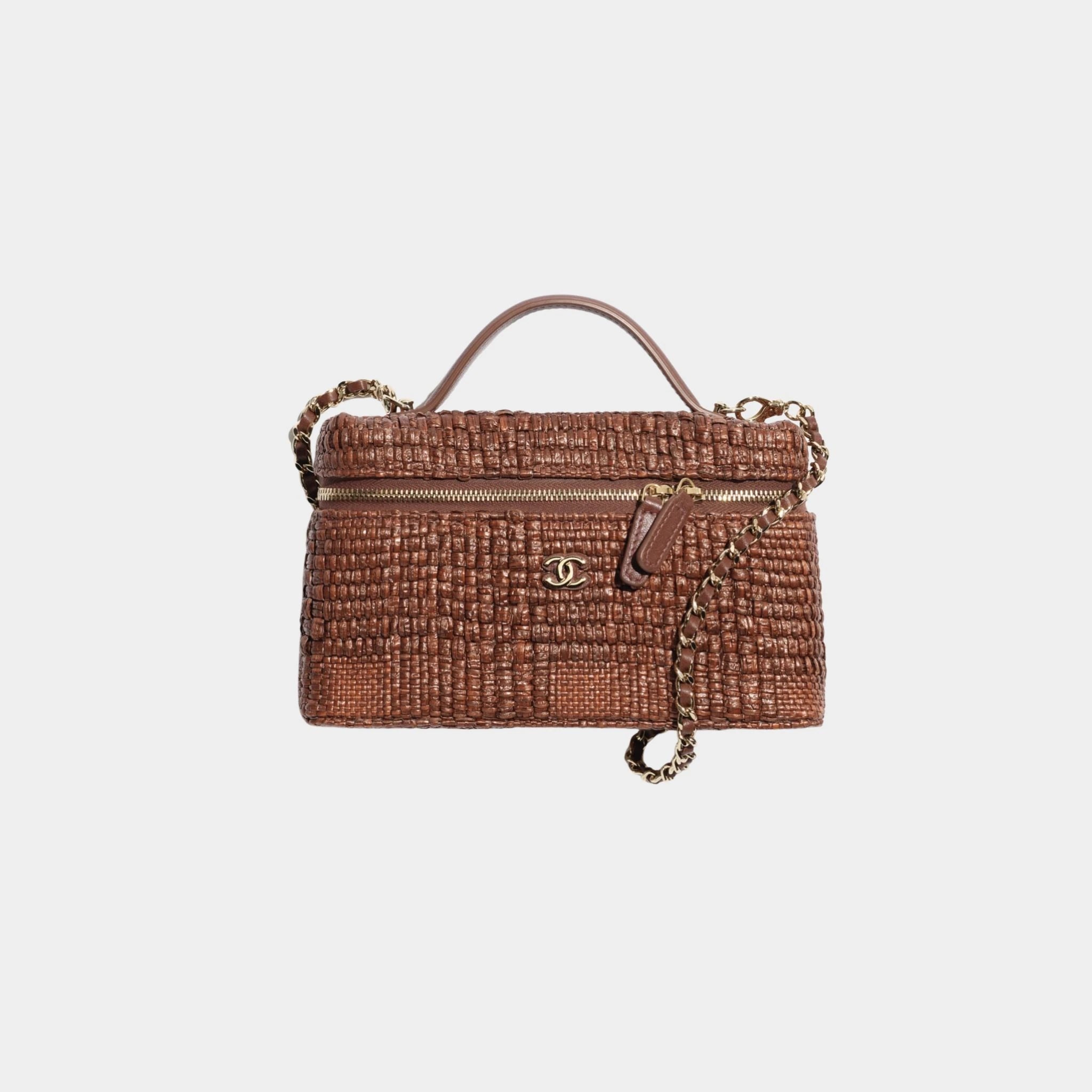 Chanel Classic  Vanity With Chain Braided Raffia &amp; Gold Tone Metal, Brown , Front 