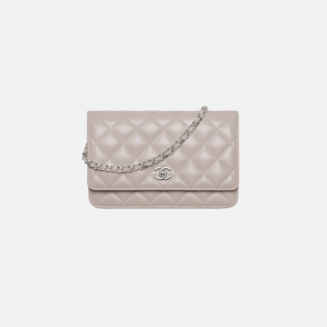 Chanel Classic Wallet on Chain in Grained Calfskin in Silver Tone, Dark Gray, Front