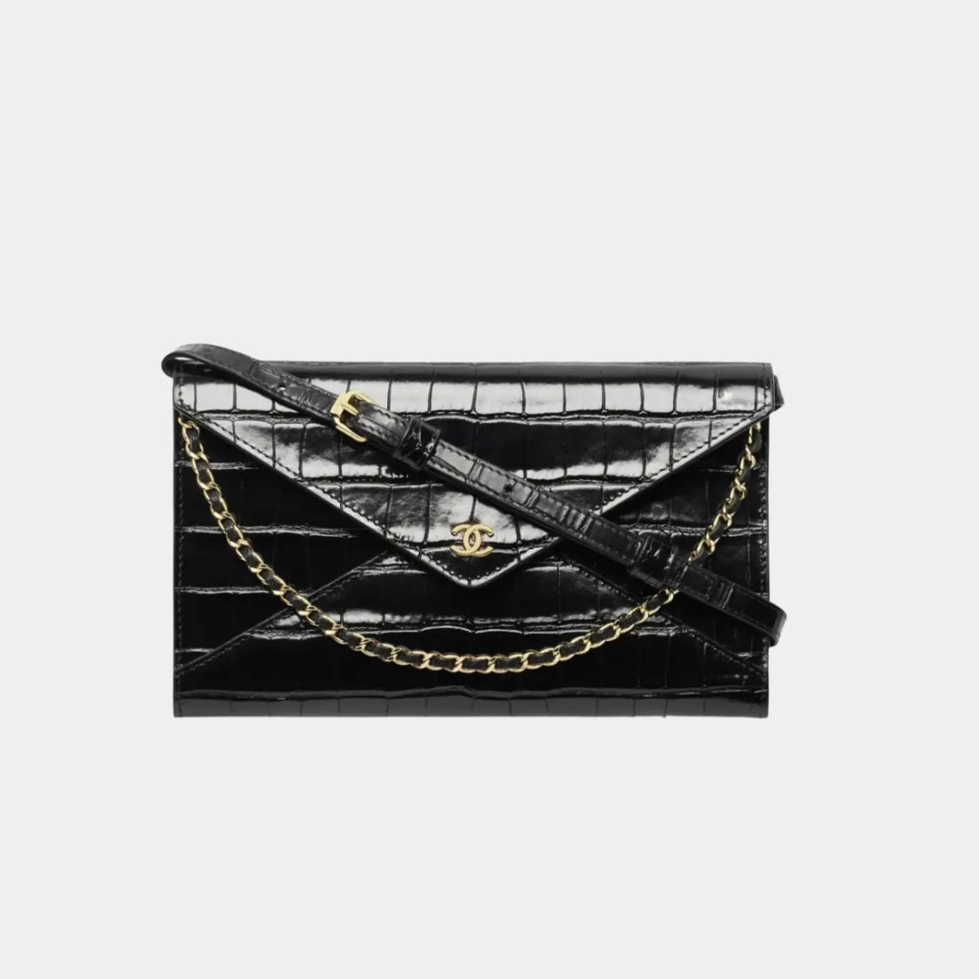 Chanel Clutch with Leather Strap in Crocodile Embossed Calfskin, Front
