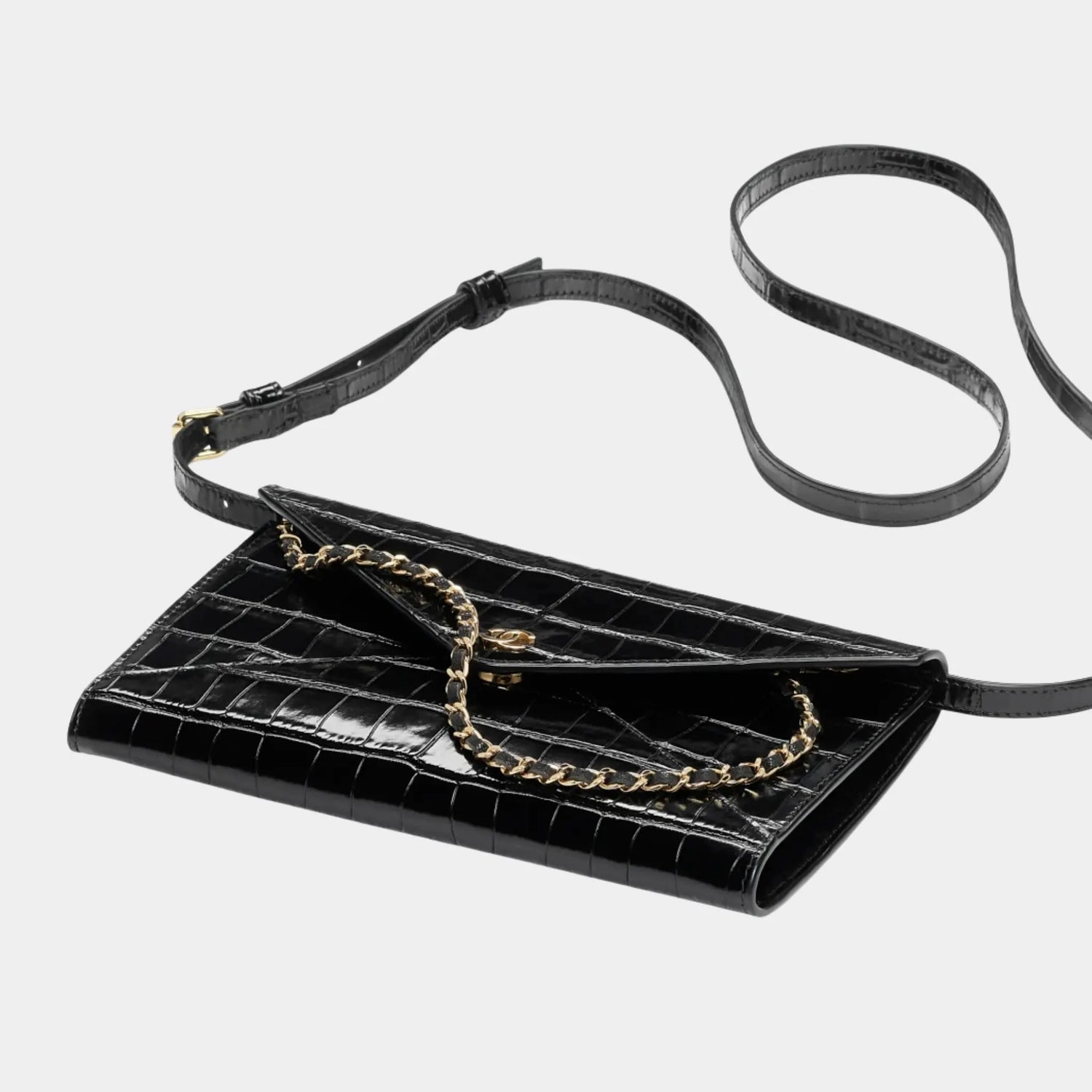 Chanel Clutch with Leather Strap in Crocodile Embossed Calfskin, Side