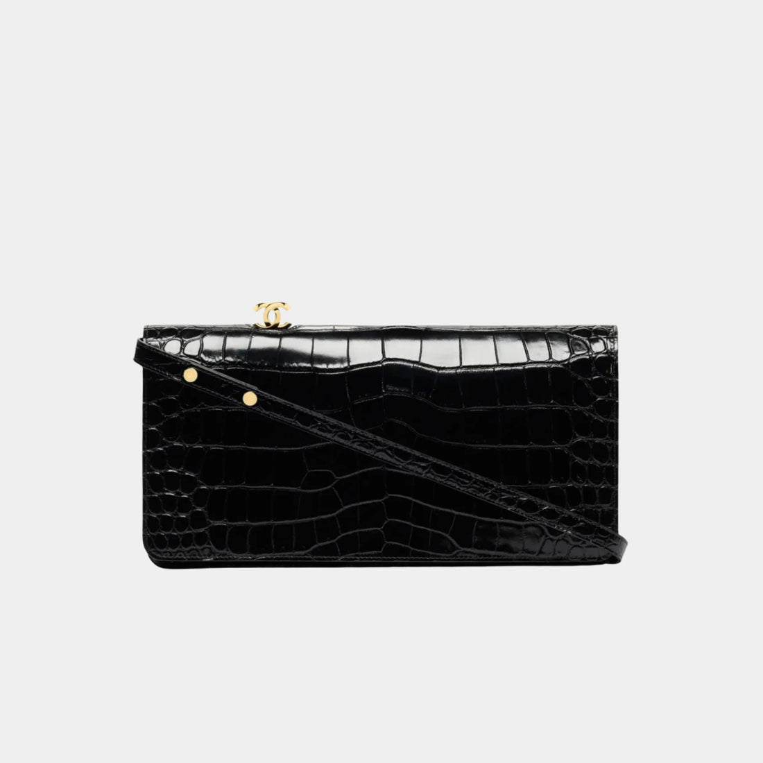 Chanel Clutch in Crocodile Embossed Calfskin & Gold-Tone Metal, Black, Front