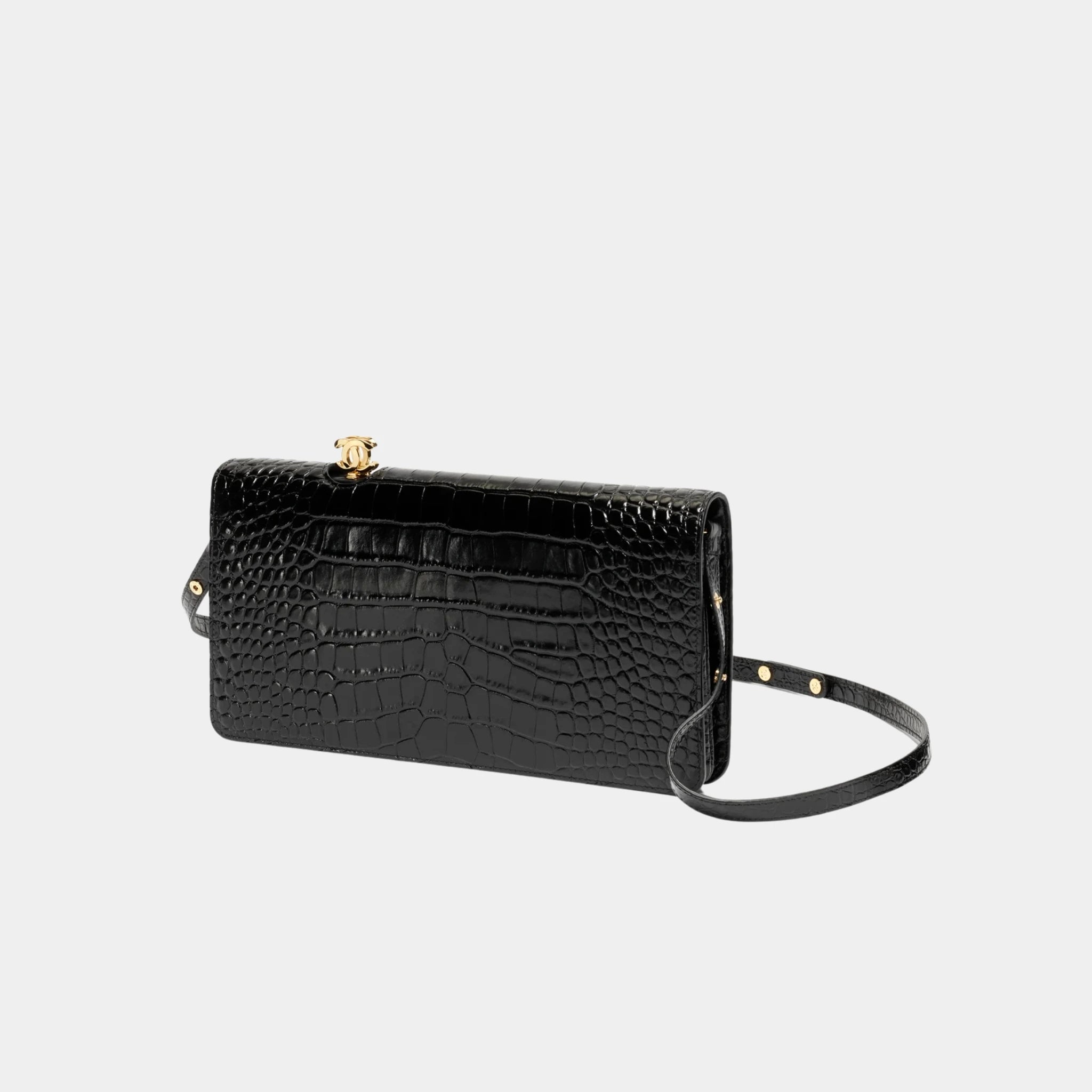 Chanel Clutch in Crocodile Embossed Calfskin &amp; Gold-Tone Metal, Black, Side