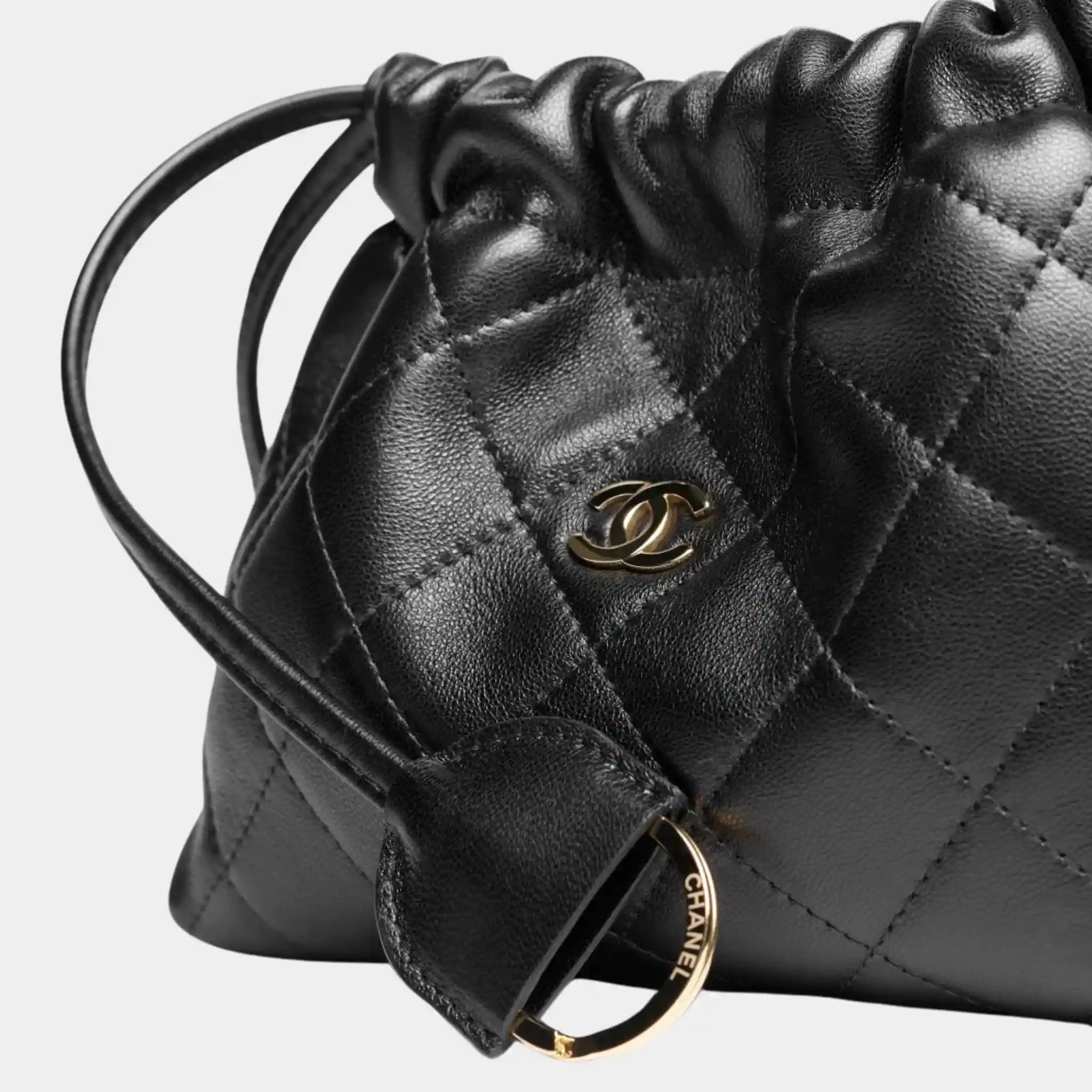 Chanel Clutch with Leather Strap in Black Lambskin, Front