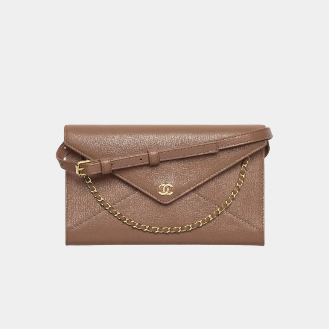 Chanel Clutch with Leather Strap in Grained Goatskin &amp; Gold Metal, Light Brown, Front