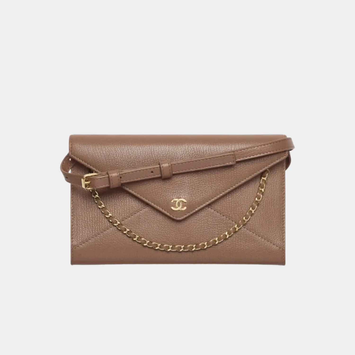 Chanel Clutch with Leather Strap in Grained Goatskin &amp; Gold Metal, Light Brown, Front