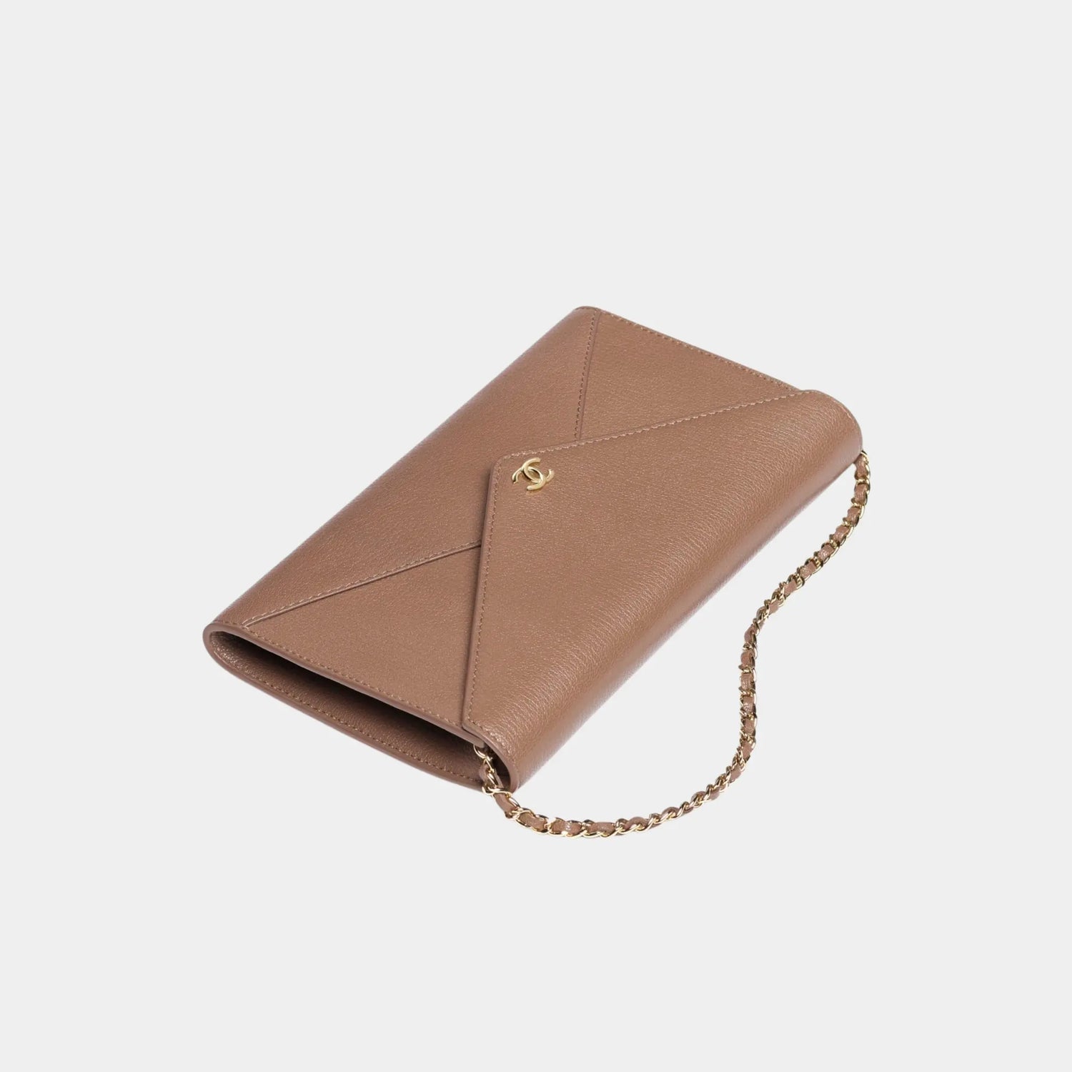 Chanel Clutch with Leather Strap in Grained Goatskin &amp; Gold Metal, Light Brown, Top
