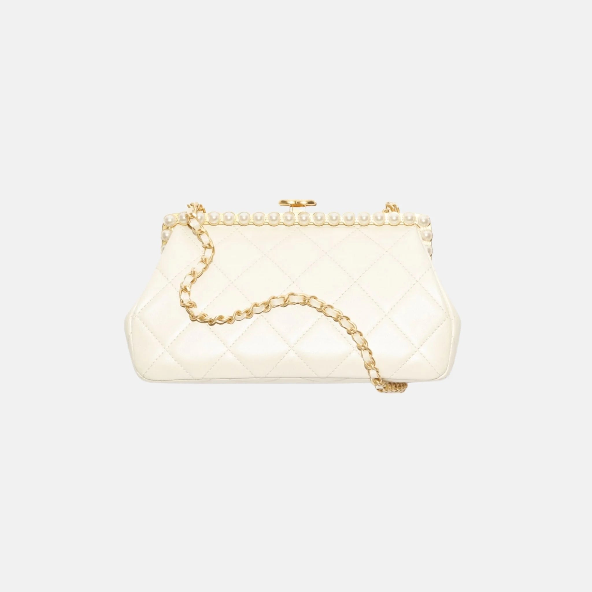 Chanel Clutch Pearly Lambskin Imitation Pearls Gold Tone Metal in Light Beige, Front