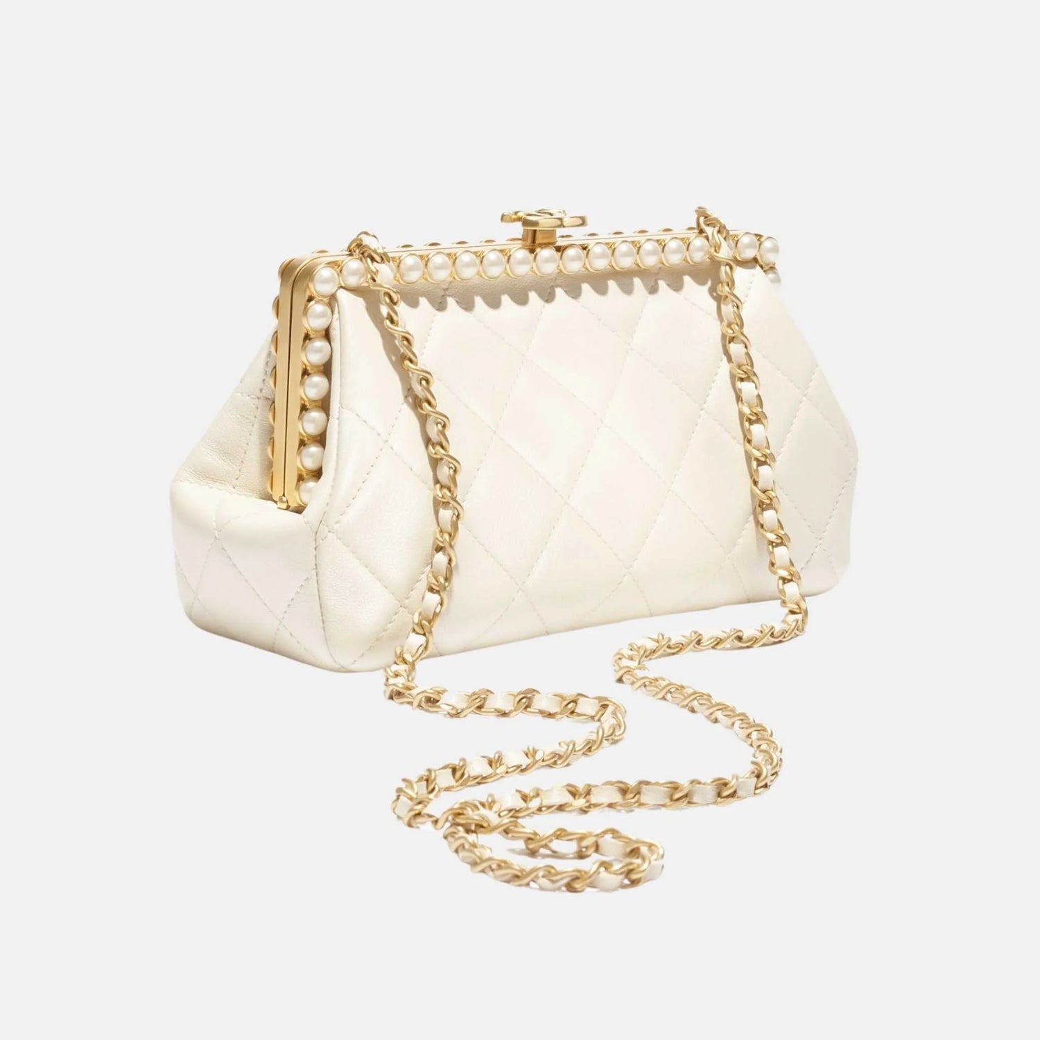 Chanel Clutch Pearly Lambskin Imitation Pearls Gold Tone Metal in Light Beige, Side