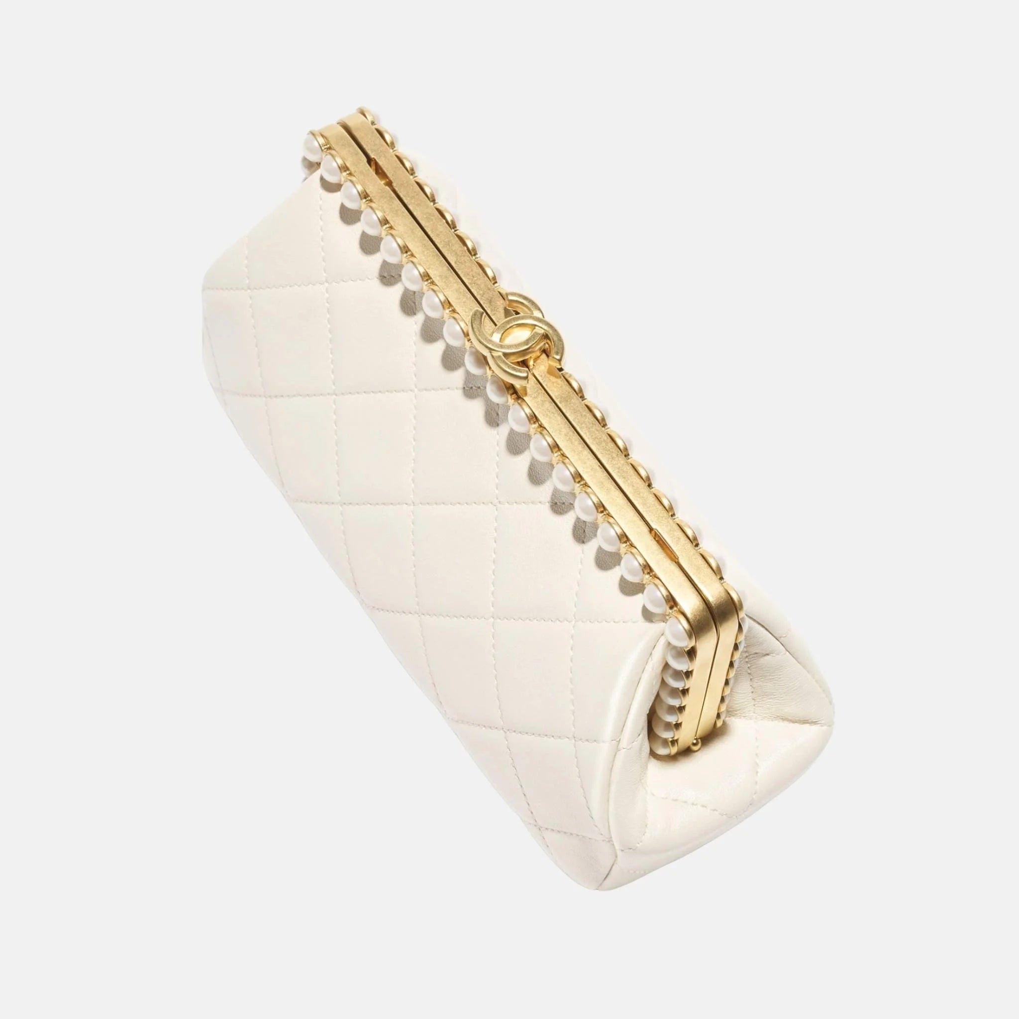 Chanel Clutch Pearly Lambskin Imitation Pearls Gold Tone Metal in Light Beige, Top