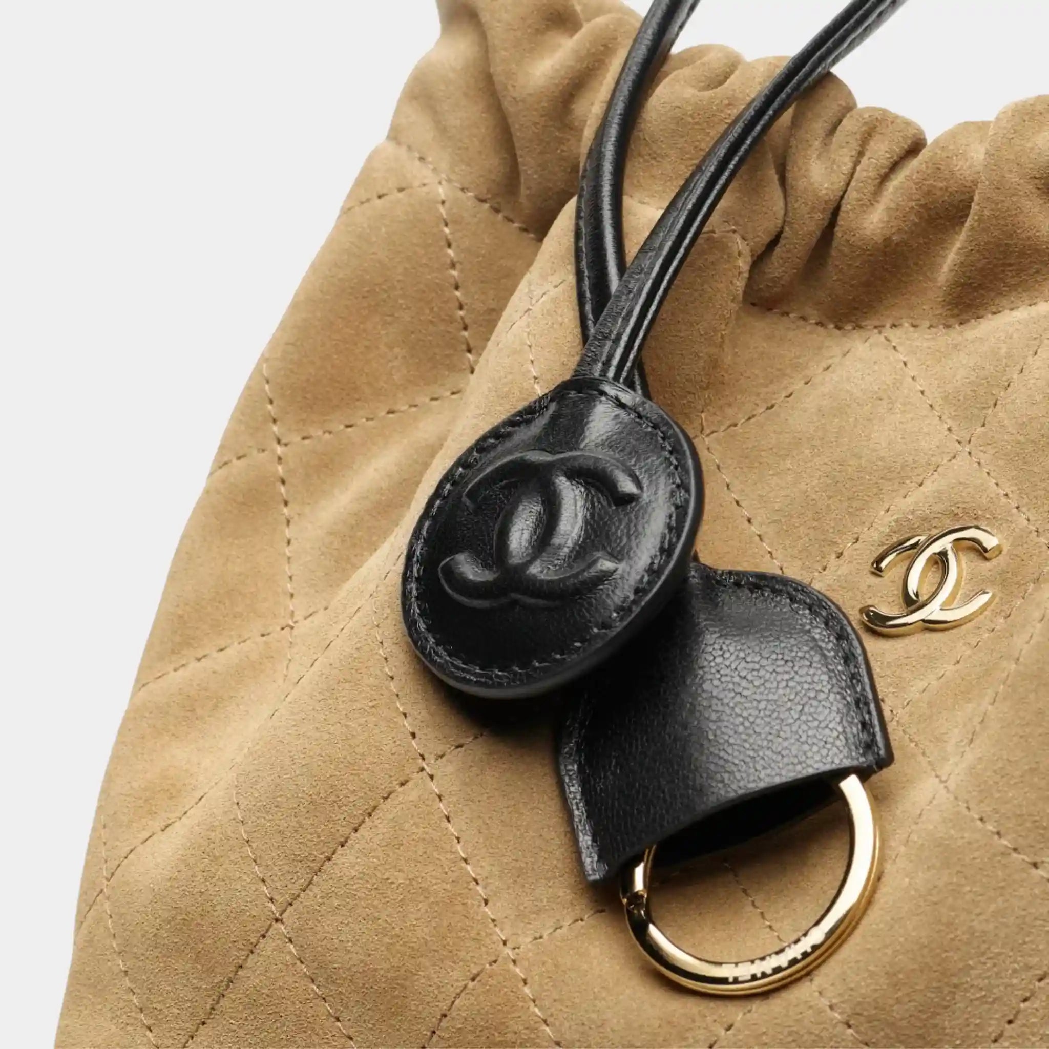 Chanel Clutch with Leather Strap Suede Lambskin &amp; Gold-Tone Metal, Beige, Black, Close