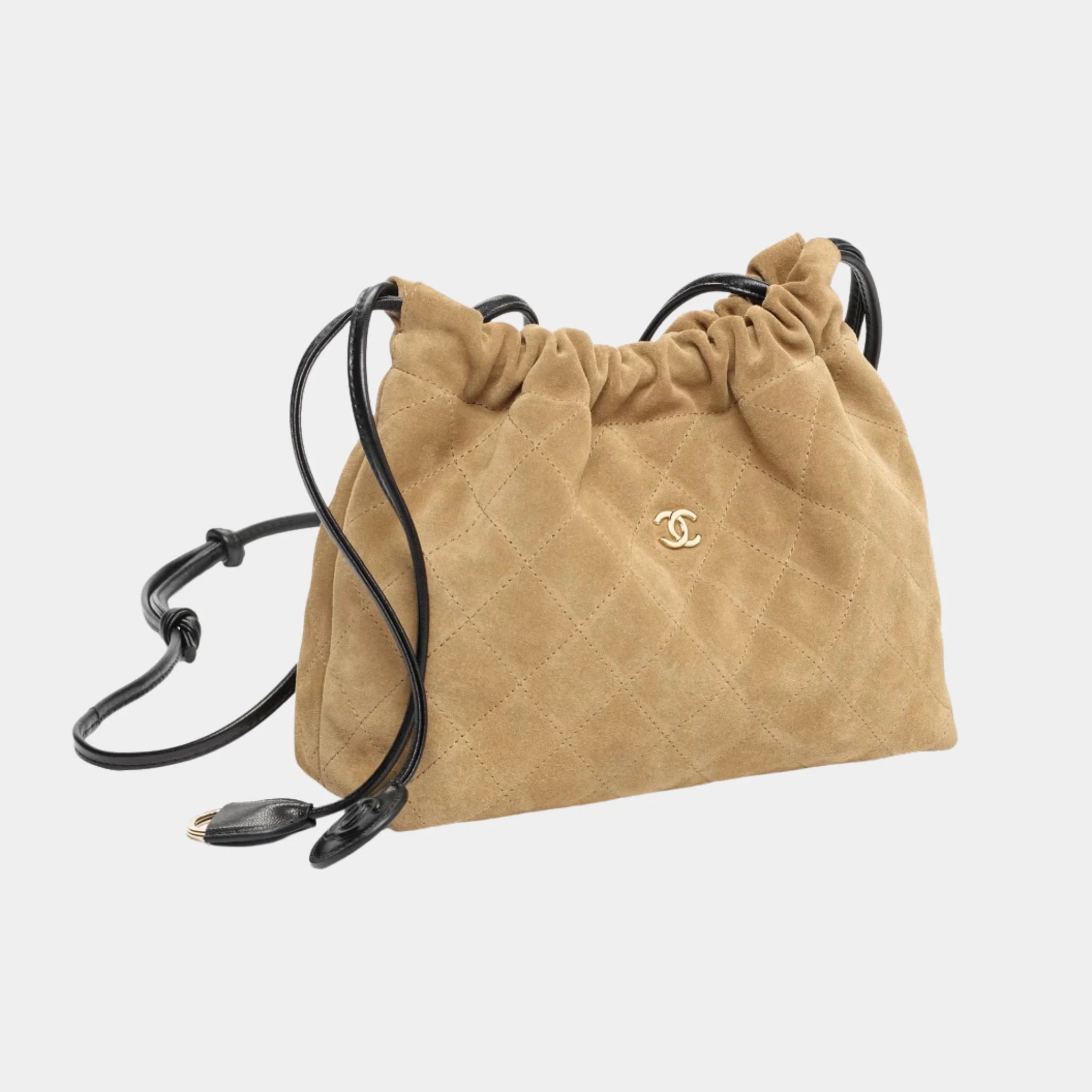 Chanel Clutch with Leather Strap Suede Lambskin &amp; Gold-Tone Metal, Beige, Black, Front
