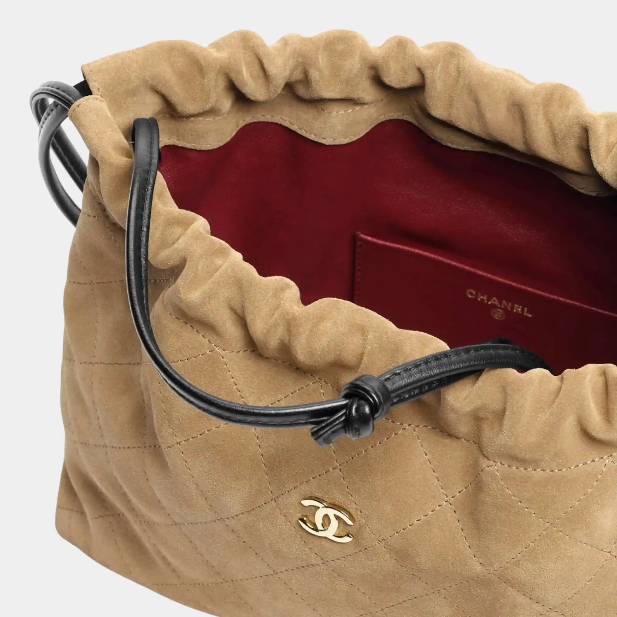 Chanel Clutch with Leather Strap Suede Lambskin &amp; Gold-Tone Metal, Beige, Black, Top