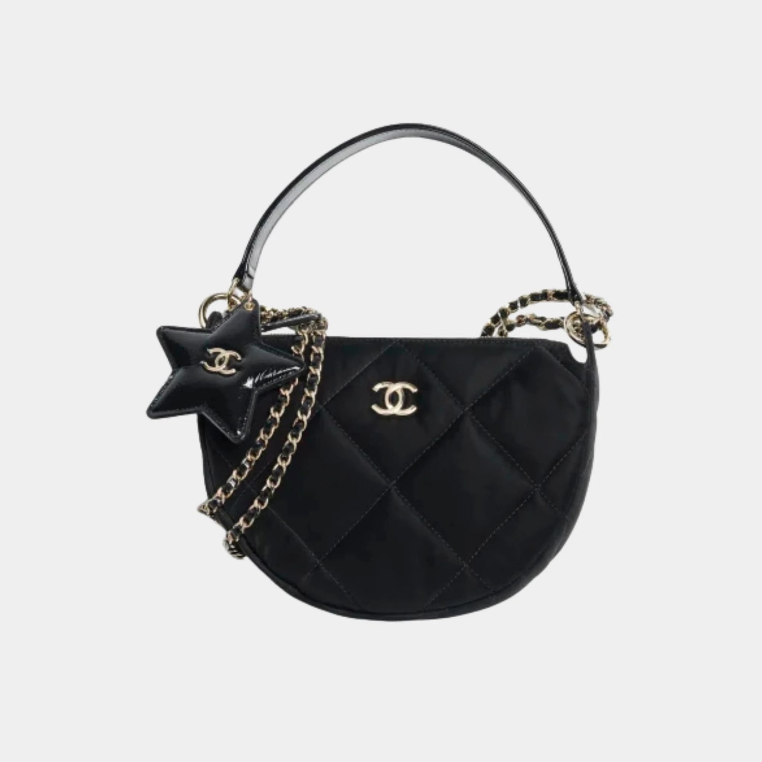 Chanel Clutch with chain Black Velvet-effect nylon shiny crinkled calfskin 