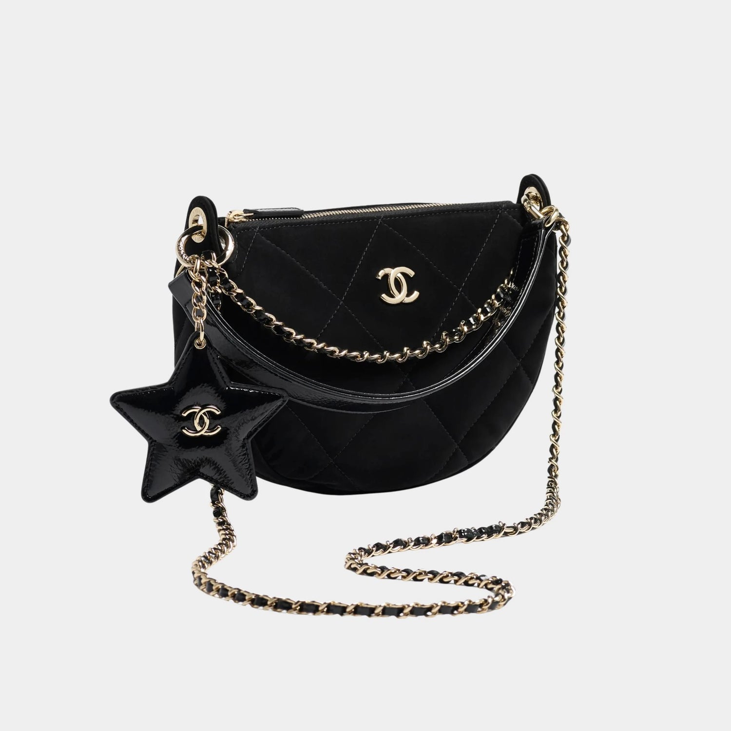 Chanel Clutch with chain Black Velvet-effect nylon shiny crinkled calfskin 
