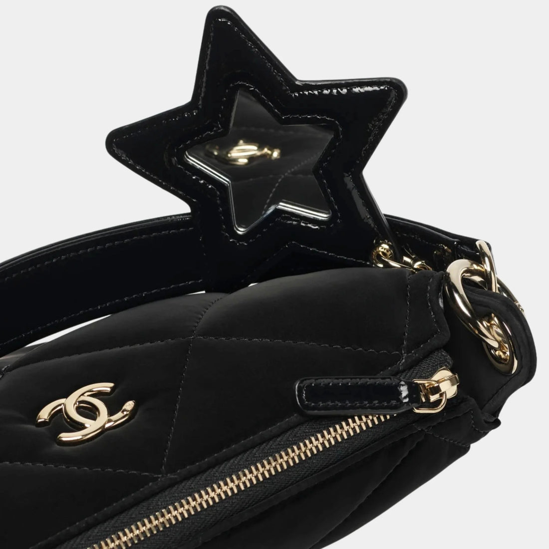 Chanel Clutch with chain Black Velvet-effect nylon shiny crinkled calfskin 