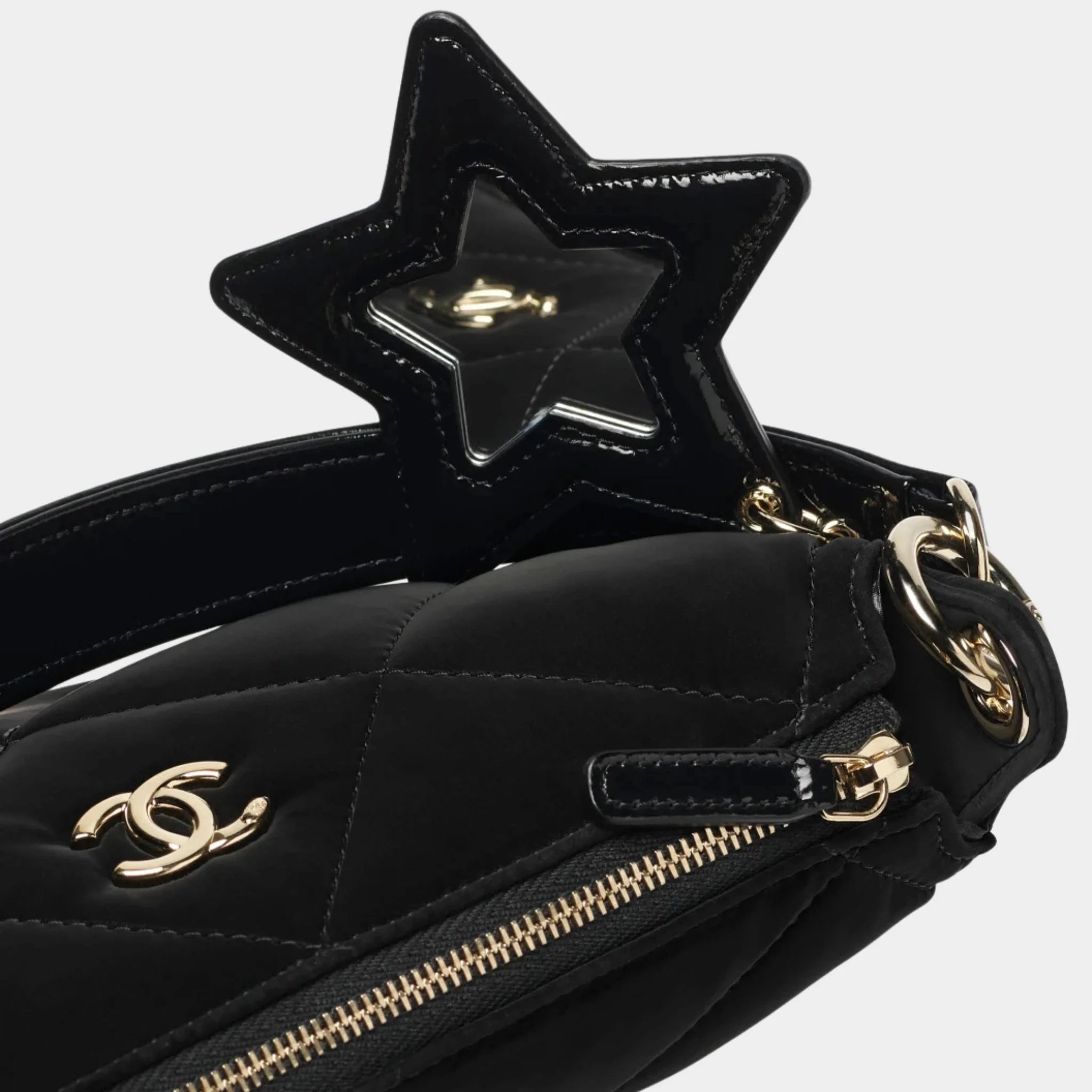 Chanel Clutch with chain Black Velvet-effect nylon shiny crinkled calfskin 