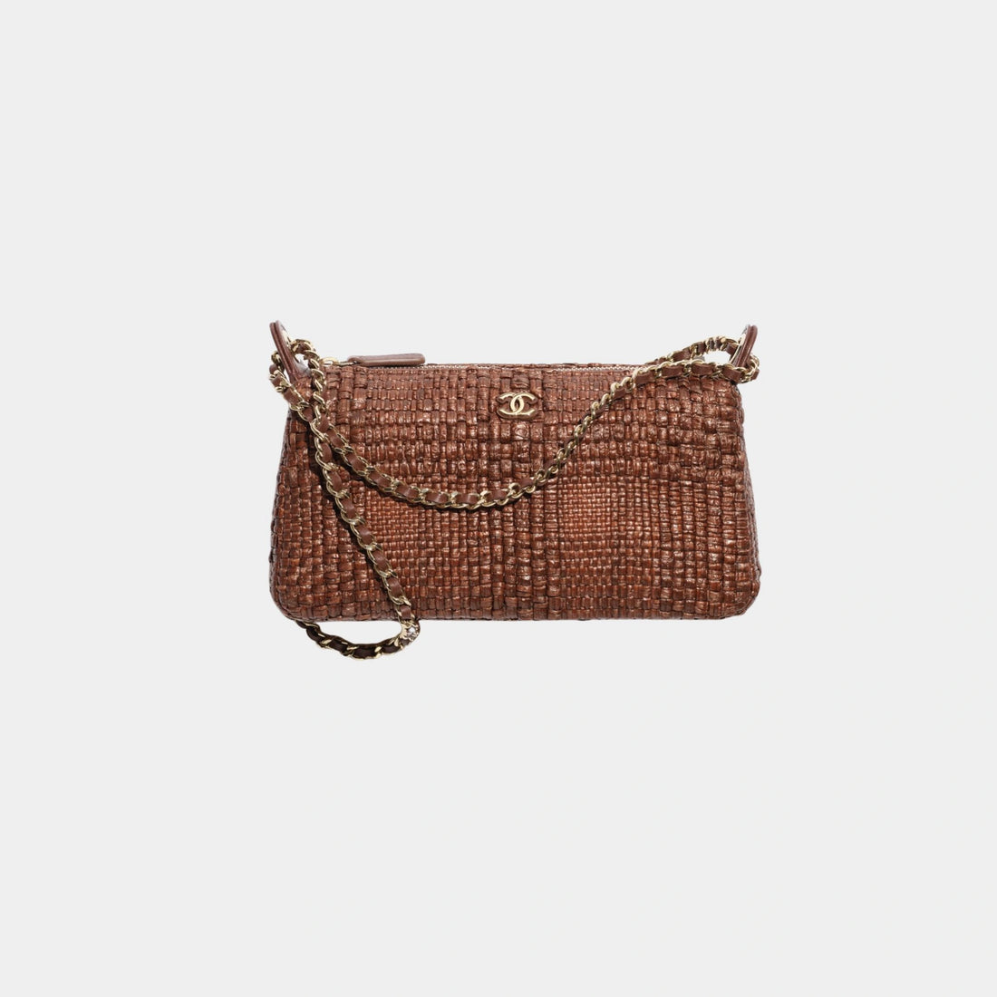 Clutch With Chain Braided Raffia & Gold Tone Metal