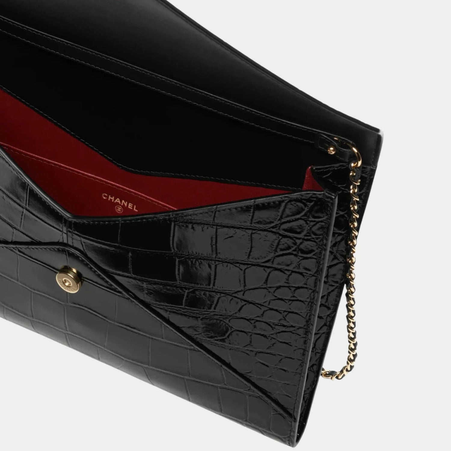 Chanel Clutch with Chain Crocodile Embossed Calfskin &amp; Gold-Tone Metal, Black, Inside