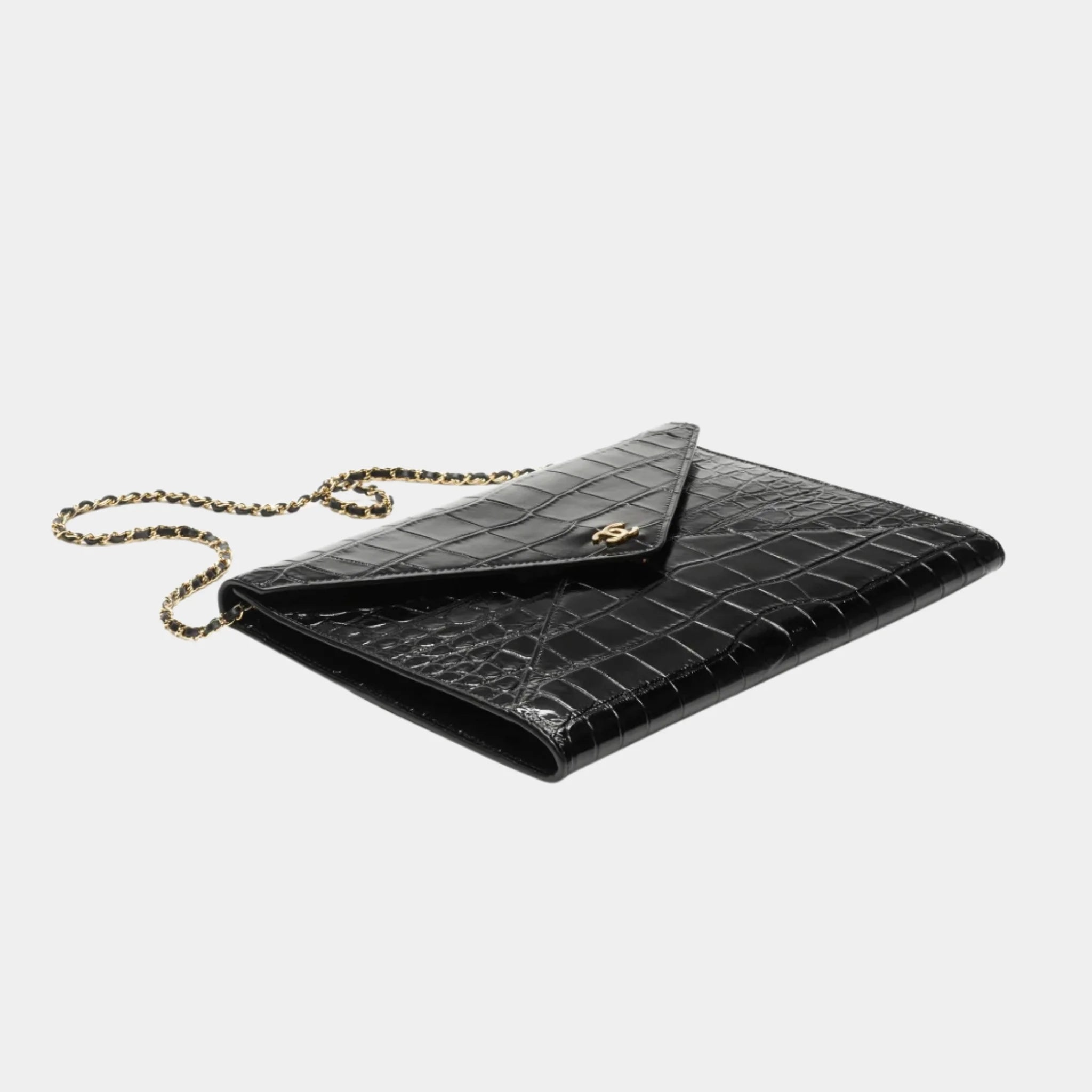 Chanel Clutch with Chain Crocodile Embossed Calfskin &amp; Gold-Tone Metal, Black, Top