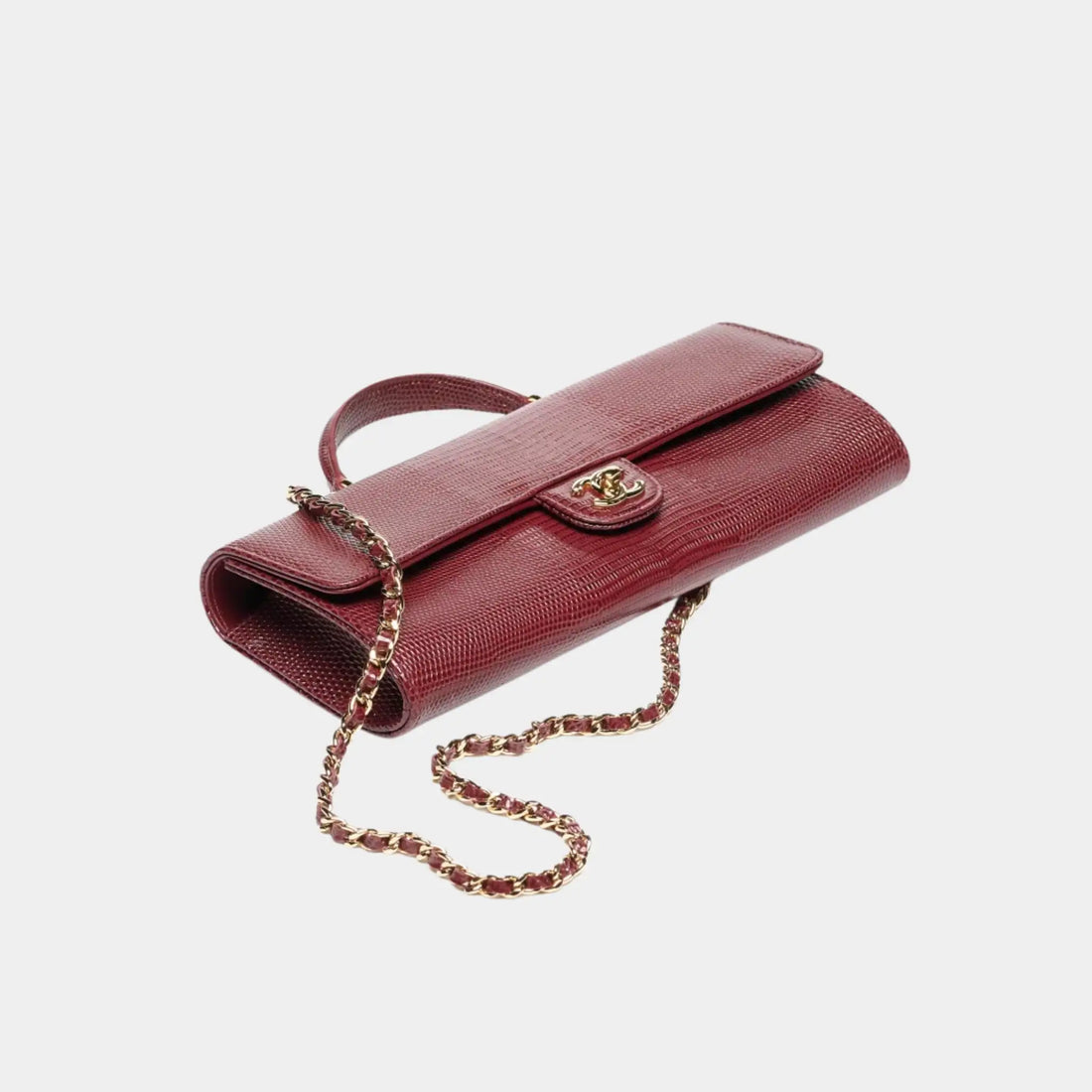 Clutch من Chanel مع سلسلة بلون بورغندي داكن، جلد عجل بنقشة السحلية، علوي