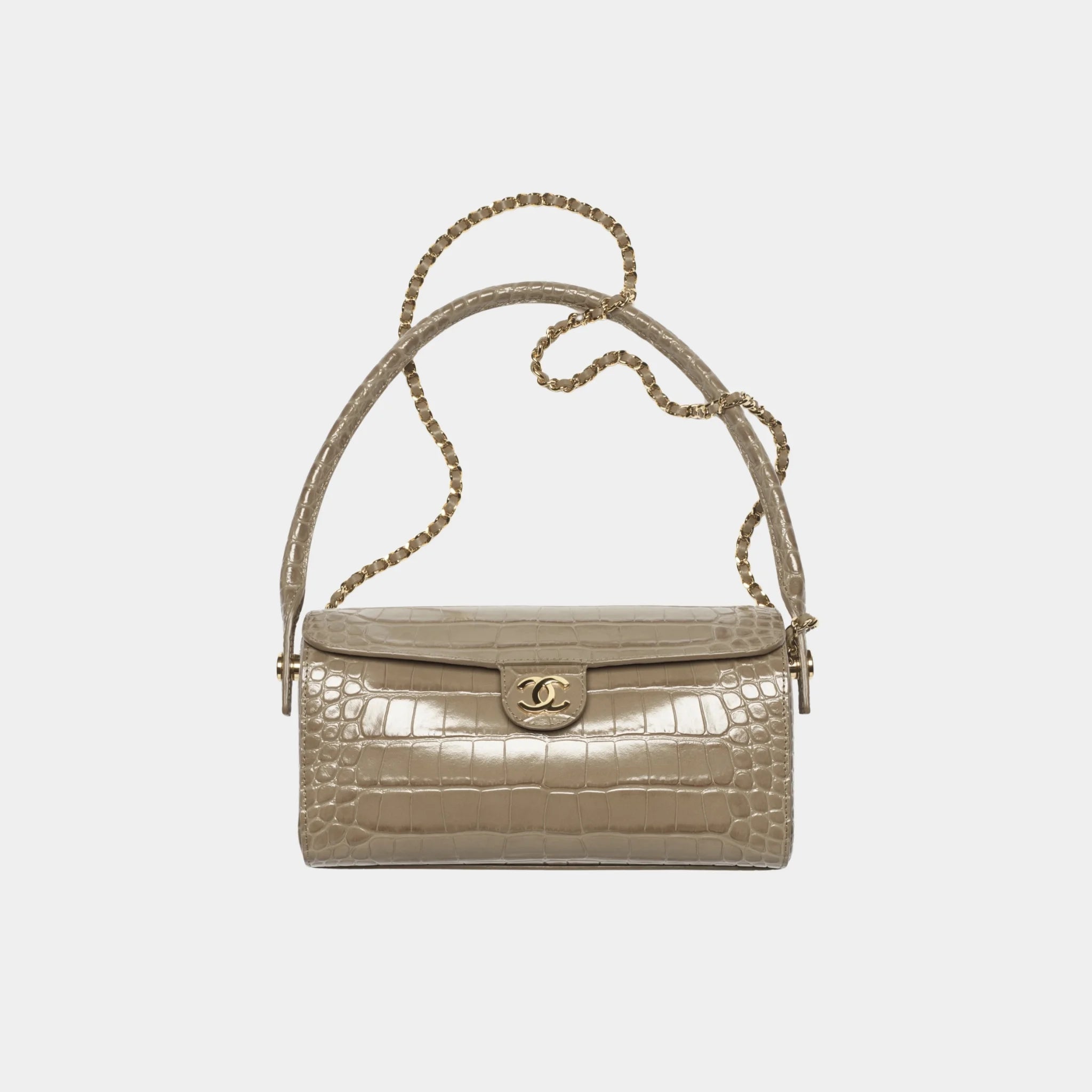 Chanel Clutch with chain in Dark Khaki Crocodile Embossed Calfskin, Front