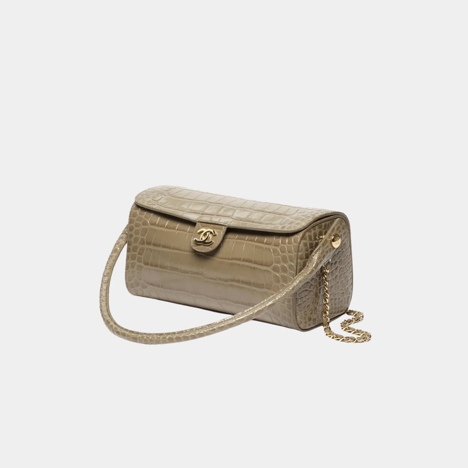 Chanel Clutch with chain in Dark Khaki Crocodile Embossed Calfskin, Side