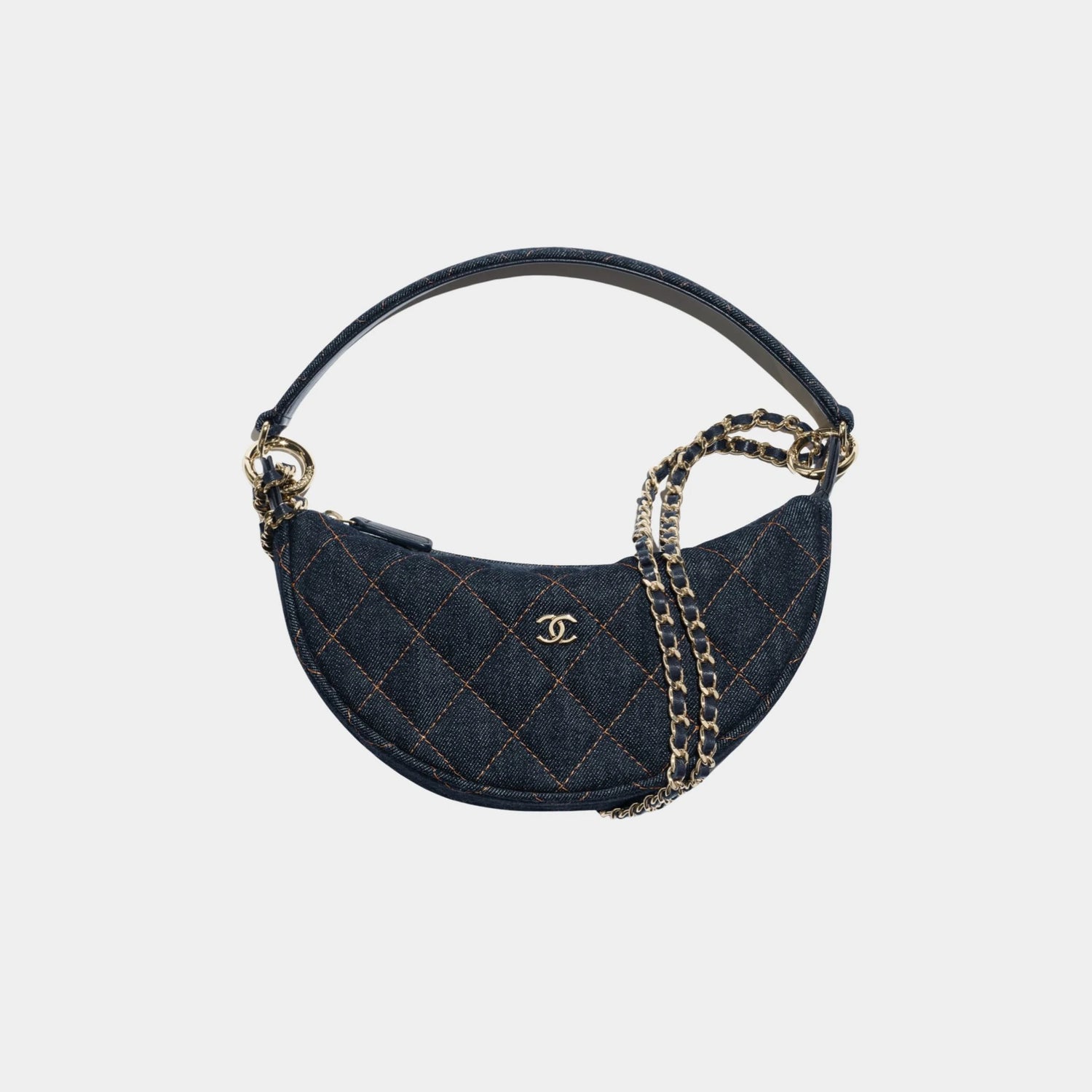 Clutch With Chain Denim &amp; Gold Metal, Front 