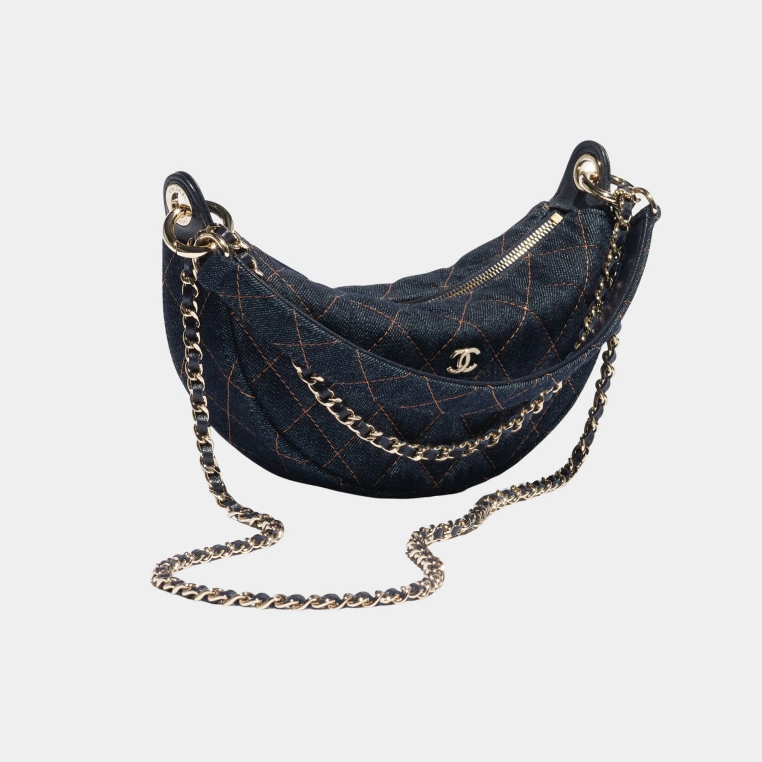 Clutch With Chain Denim &amp; Gold Metal, Side