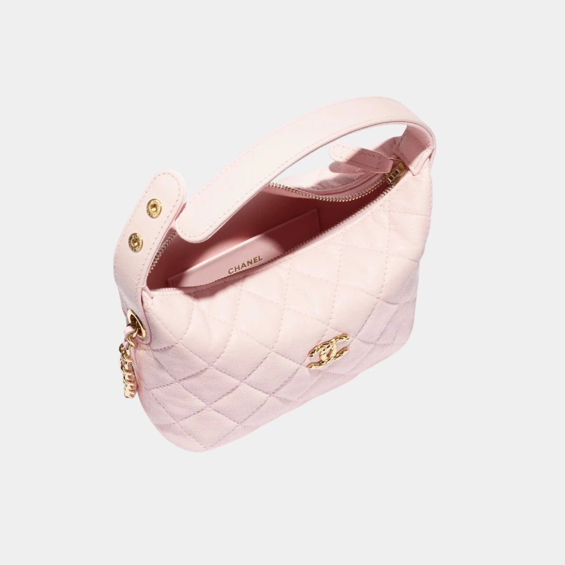 حقيبة كلاتش Chanel بسلسلة من جلد عجل لامع محبب، وردي فاتح، من الأعلى