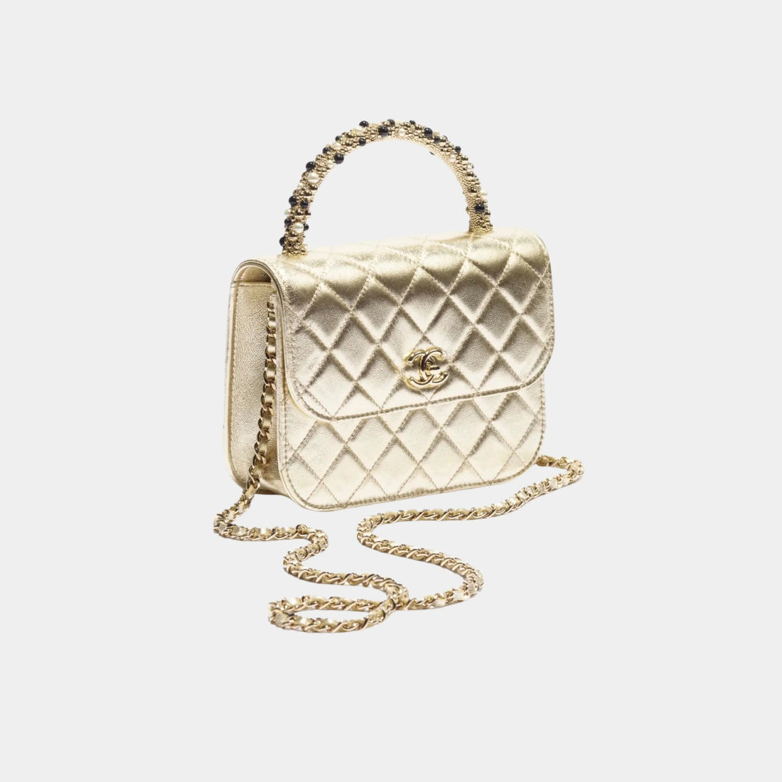 Chanel Clutch With Chain Metallic Lambskin &amp; Imitation Pearls, Light Gold, Front