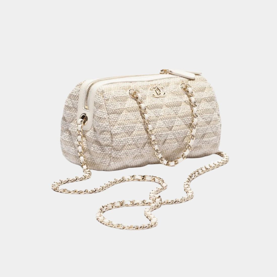 Chanel Clutch With Chain Printed Fabric &amp; Gold Metal, Light Beige, Front