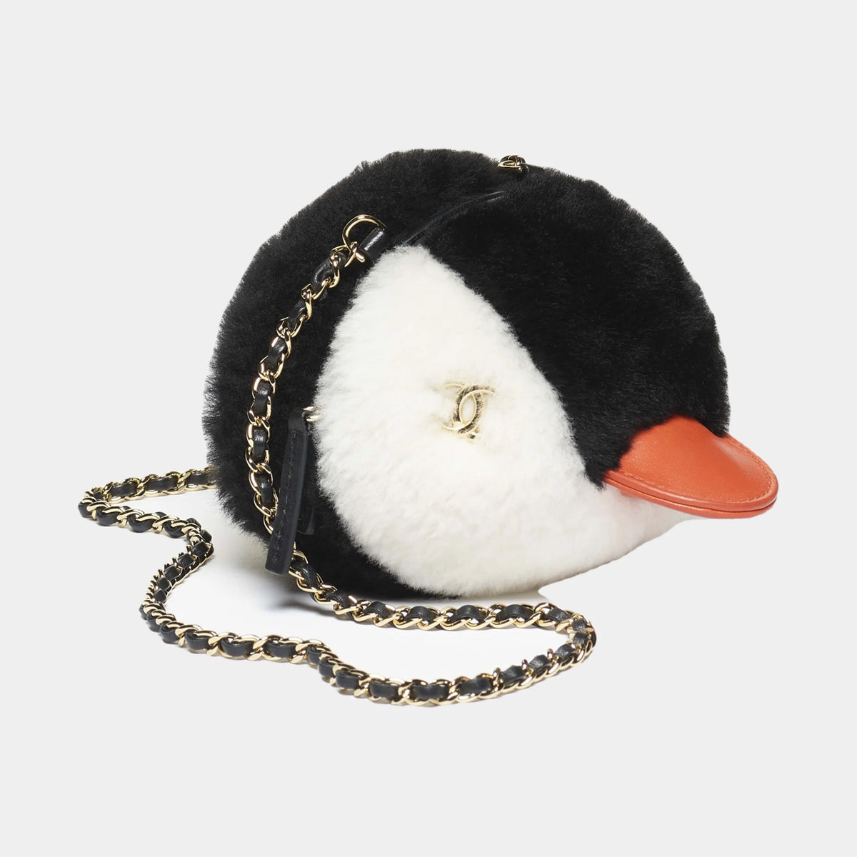 Clutch with Chain Shearling Lambskin & Gold-Tone Metal Black White & Orange — Default Title