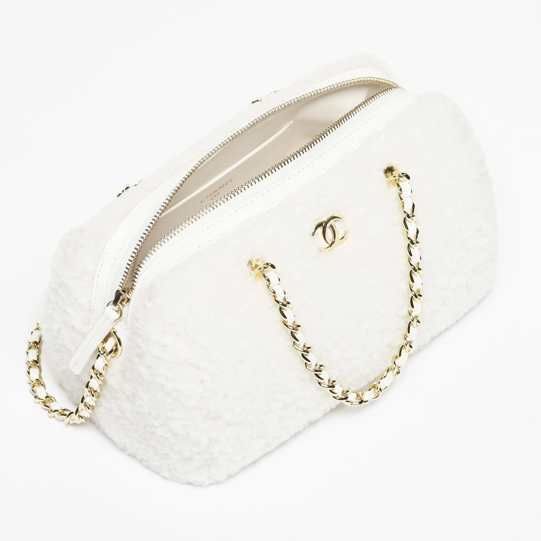 Chanel Clutch with Chain white shearling lambskin Coco Neige 2026 open view