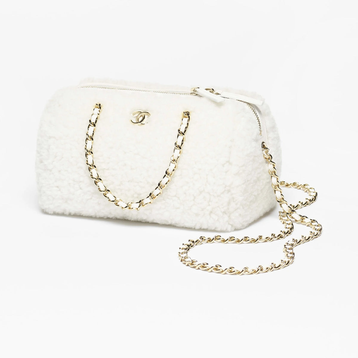 Clutch with Chain Shearling Lambskin & White Metal White