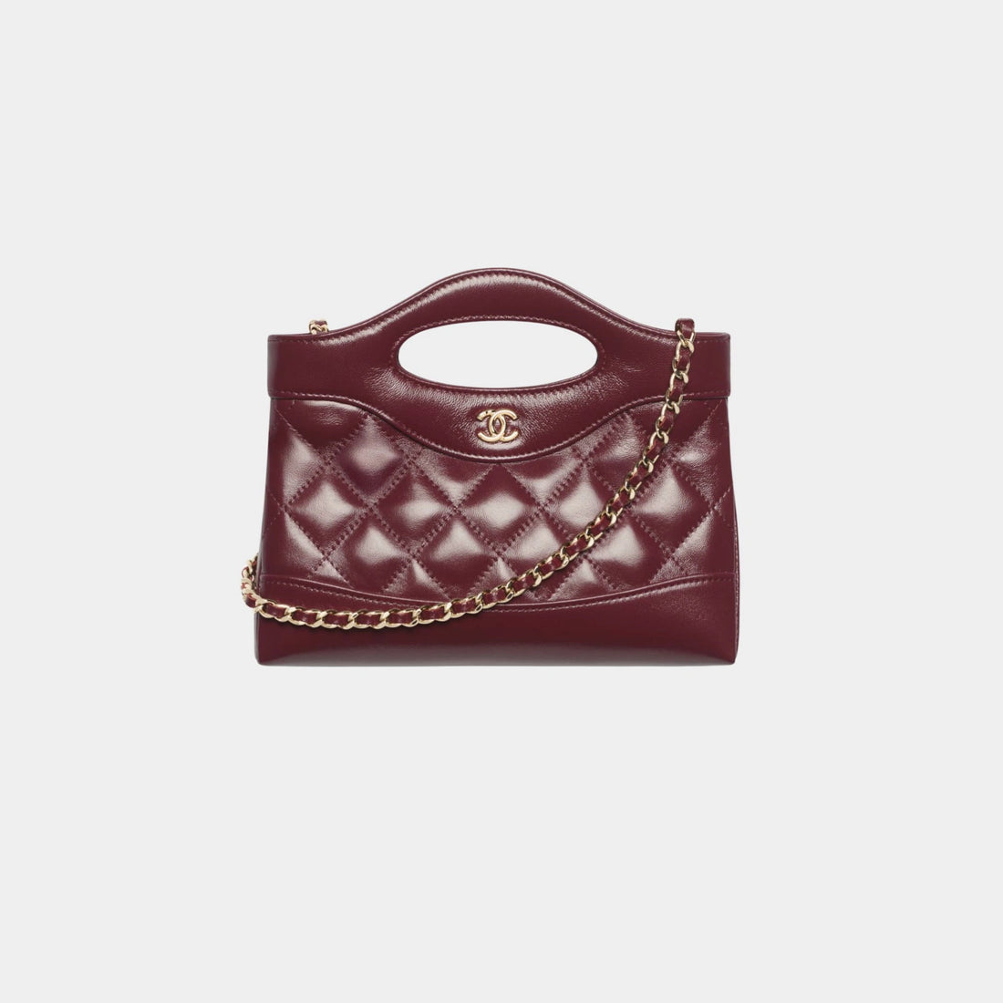 Clutch With Chain Shiny Lambskin &amp; Gold Tone Metal Dark Burgundy