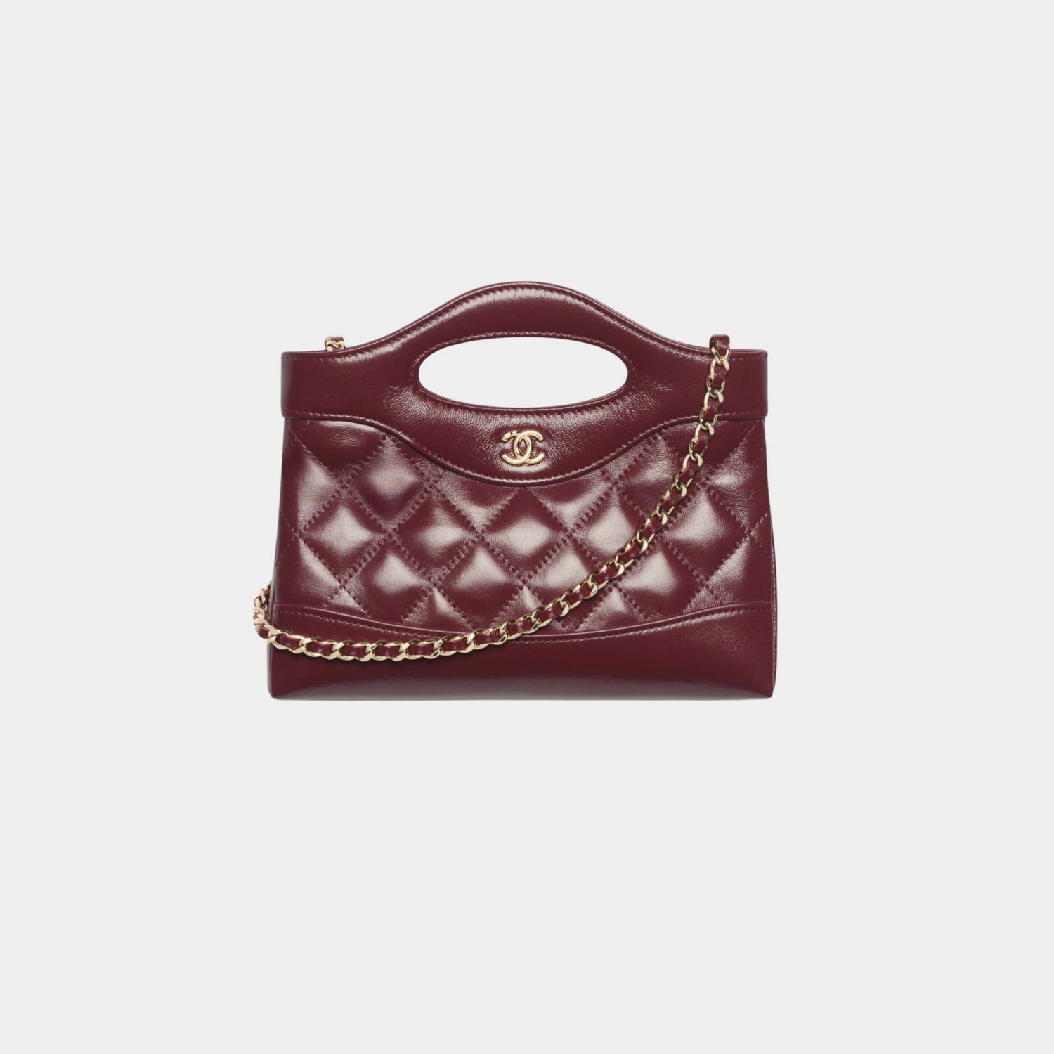 Clutch With Chain Shiny Lambskin &amp; Gold Tone Metal Dark Burgundy